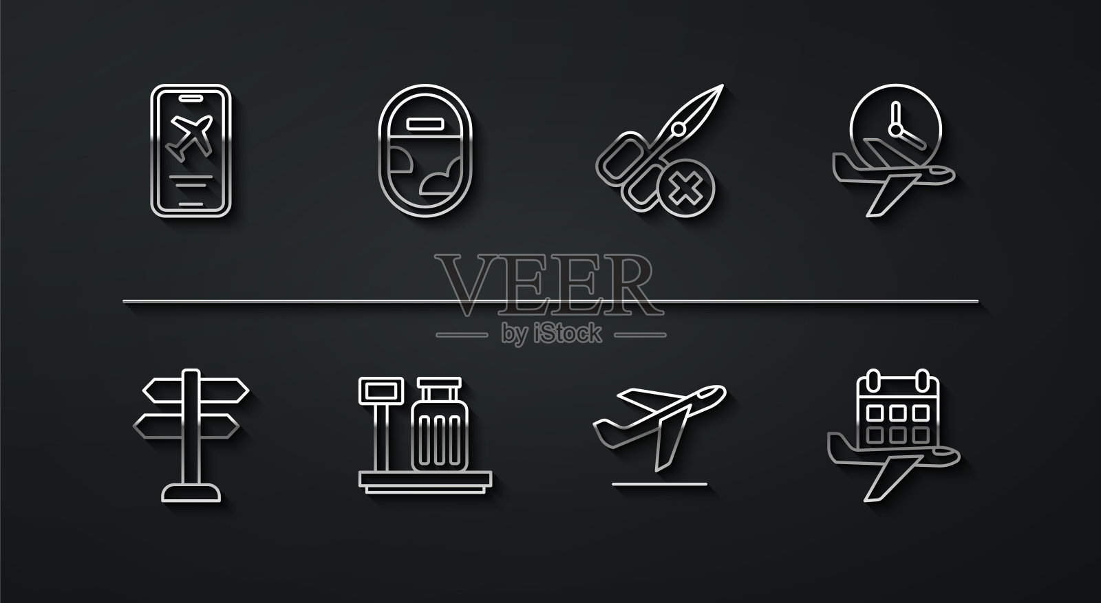 设置线移动与票，道路交通标志，飞行时间，飞机起飞，秤手提箱，飞机窗口，日历和飞机和无剪刀图标。向量图标素材