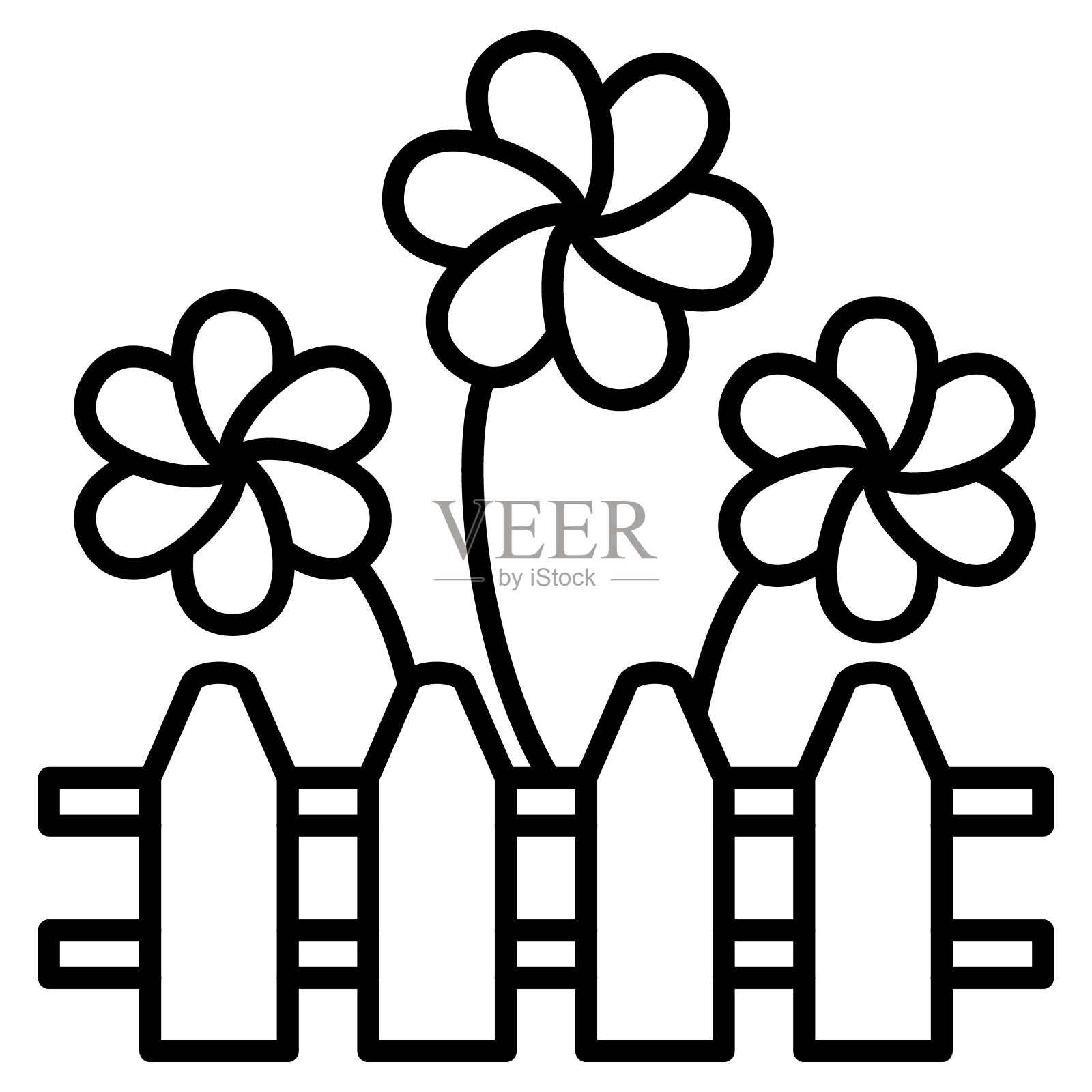 用鲜花装饰的花园。篱笆后面有一个花坛。园艺、农学。矢量图标，轮廓，孤立插画图片素材