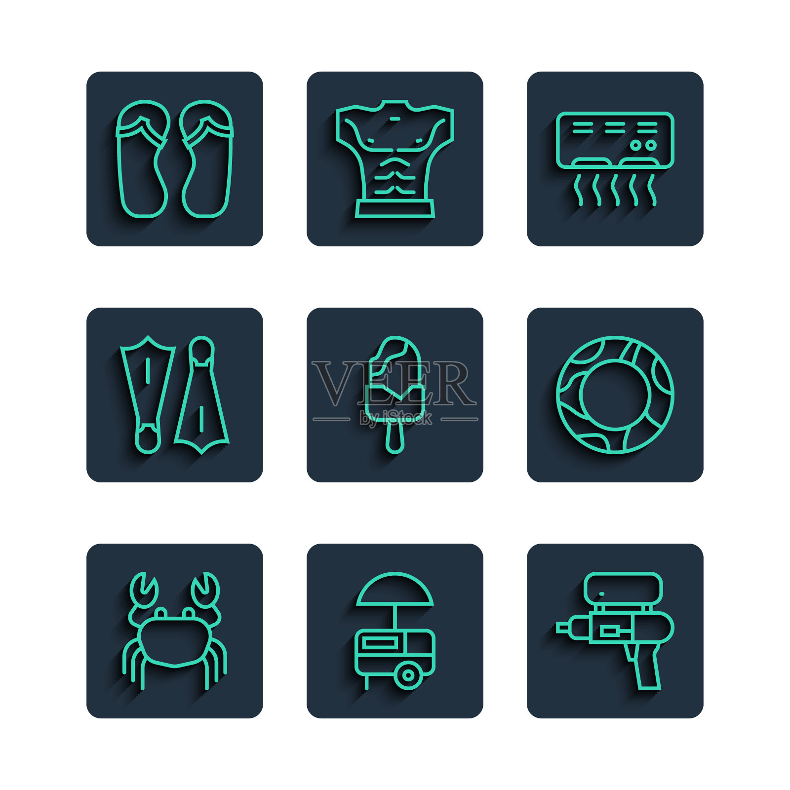 设置线蟹，街头快餐车，水枪，空调，冰淇淋，游泳橡胶鞋，人字拖和戒指图标。向量图标素材