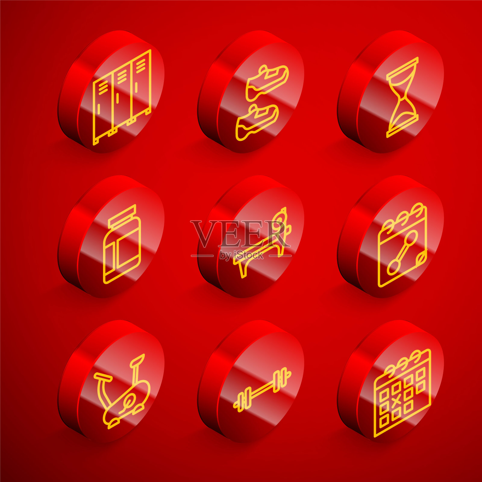 设置线柜或更衣室，运动运动鞋，旧沙漏，运动营养，杠铃长凳，日历健身，固定自行车和杠铃图标。向量图标素材