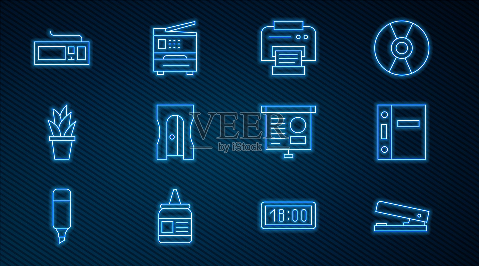 设置线办公室订书机，文件夹，打印机，卷笔刀，花盆，键盘，黑板与图表和图标。向量图标素材