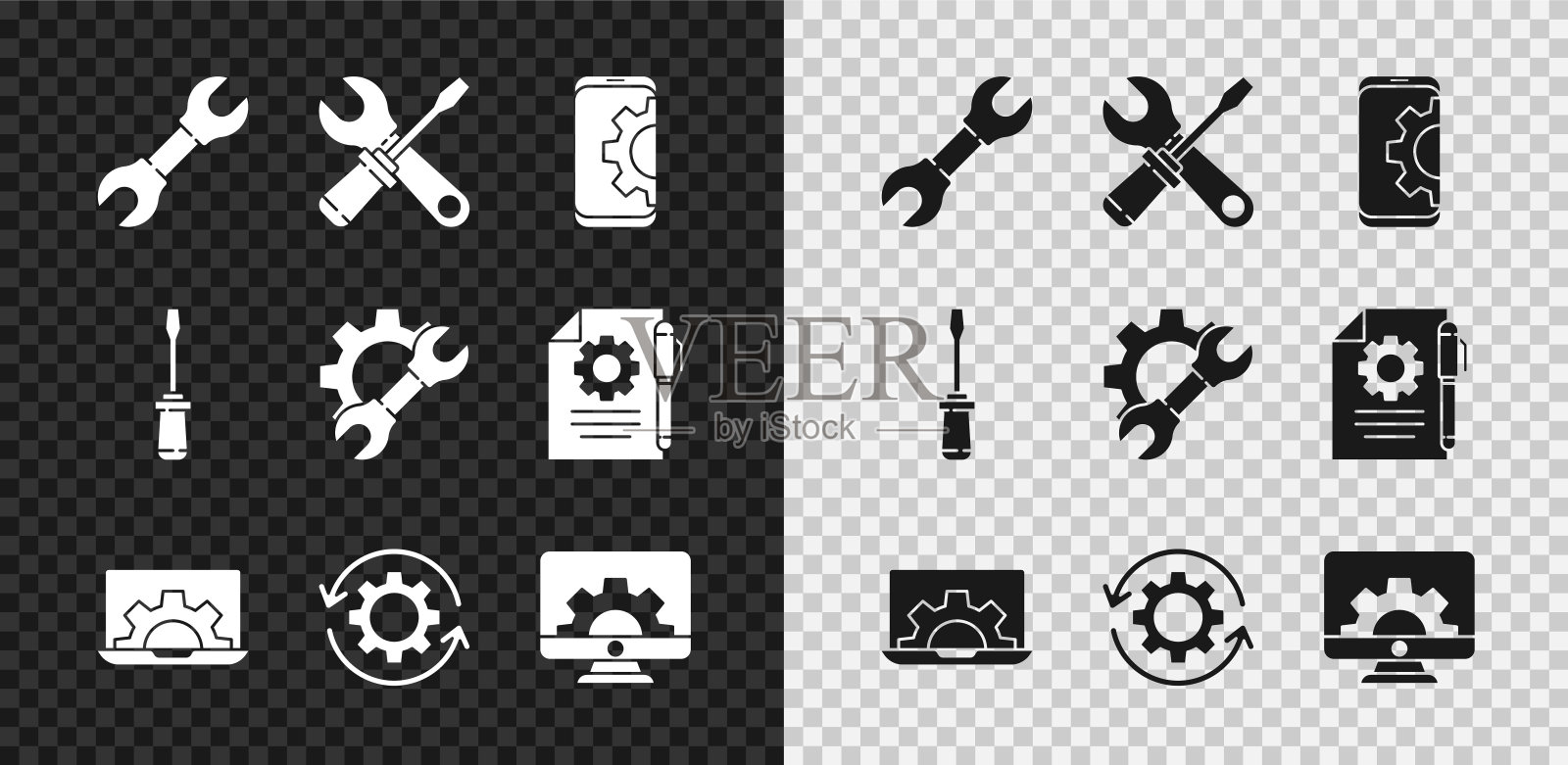 设置扳手扳手，螺丝刀和扳手，设置在智能手机，笔记本电脑的齿轮，齿轮箭头为工作流，计算机显示器和图标。向量图标素材