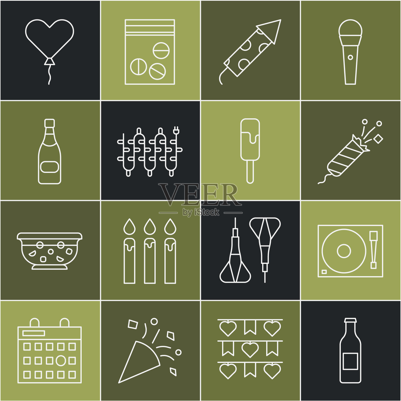 啤酒瓶，黑胶播放机与黑胶唱片，烟火火箭，圣诞彩灯，香槟，心形气球和冰淇淋图标。向量插画图片素材