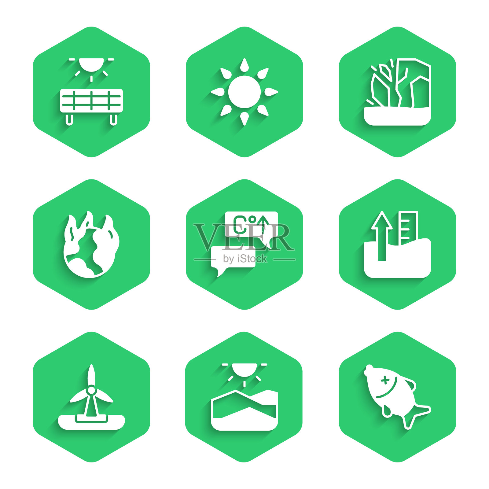 设置全球变暖，干旱，死鱼，水位上升，风力涡轮机，火灾，冰川融化和太阳能面板图标。向量图标素材