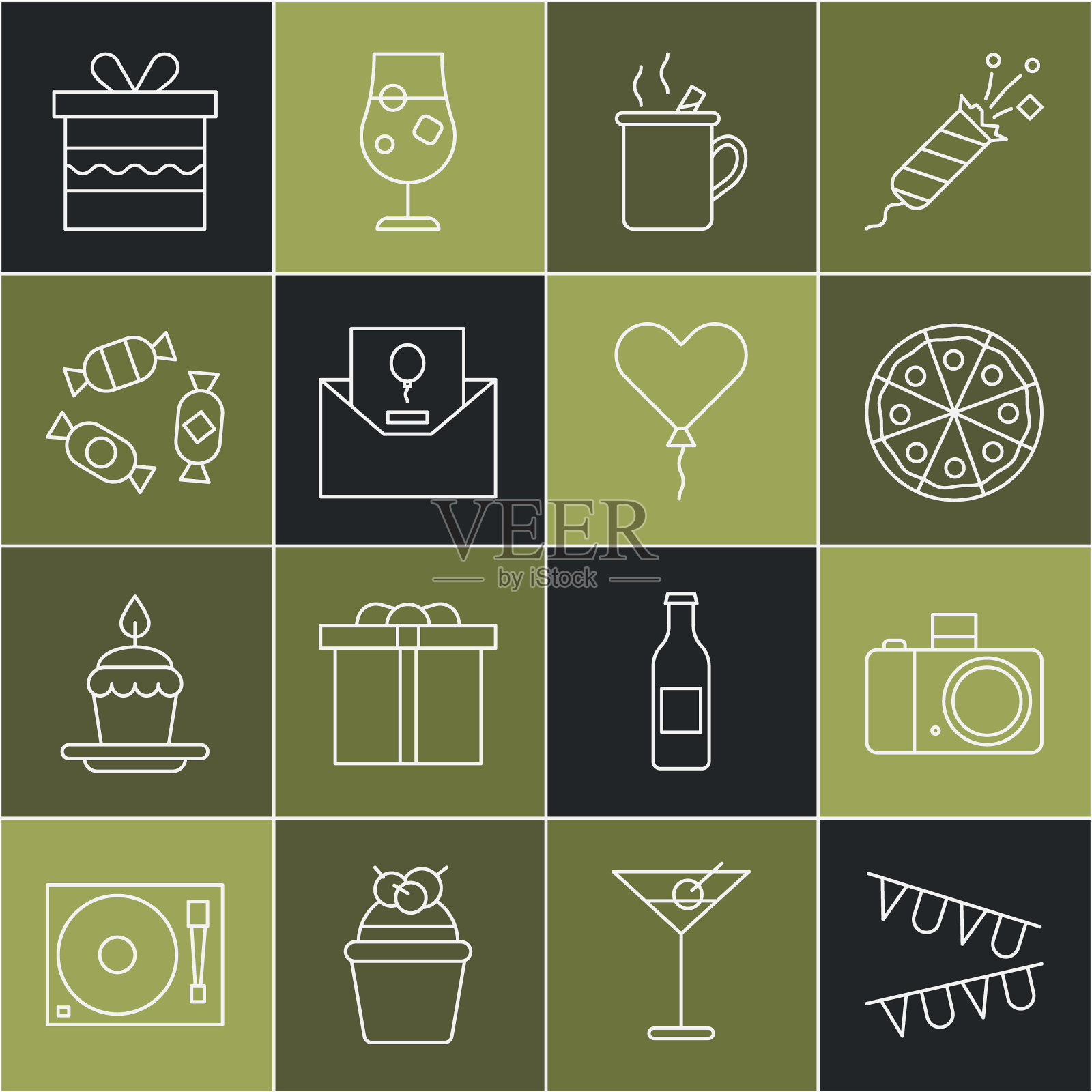 设置线狂欢节花环与旗帜，照片相机，披萨，热葡萄酒，邀请，糖果，礼盒和气球形式的心脏图标。向量图标素材