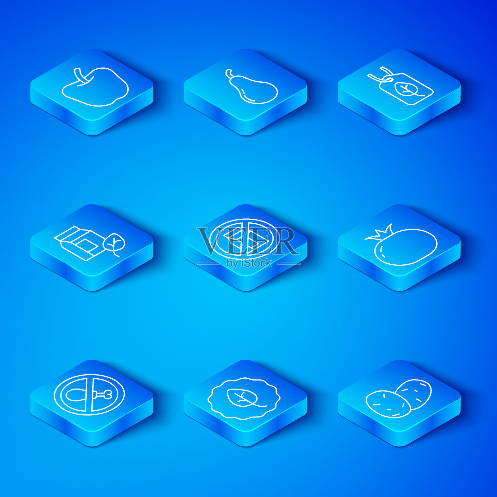 设置线没有肉，包牛奶，叶子或叶子，番茄，素食饮食，苹果和土豆图标。向量图标素材