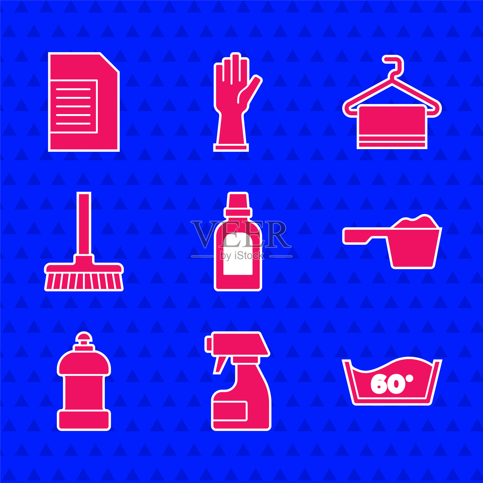 设置清洗剂瓶，清洗喷雾瓶，温度洗涤，洗衣粉，把手扫帚，毛巾挂在衣架上和洗衣粉图标。向量图标素材