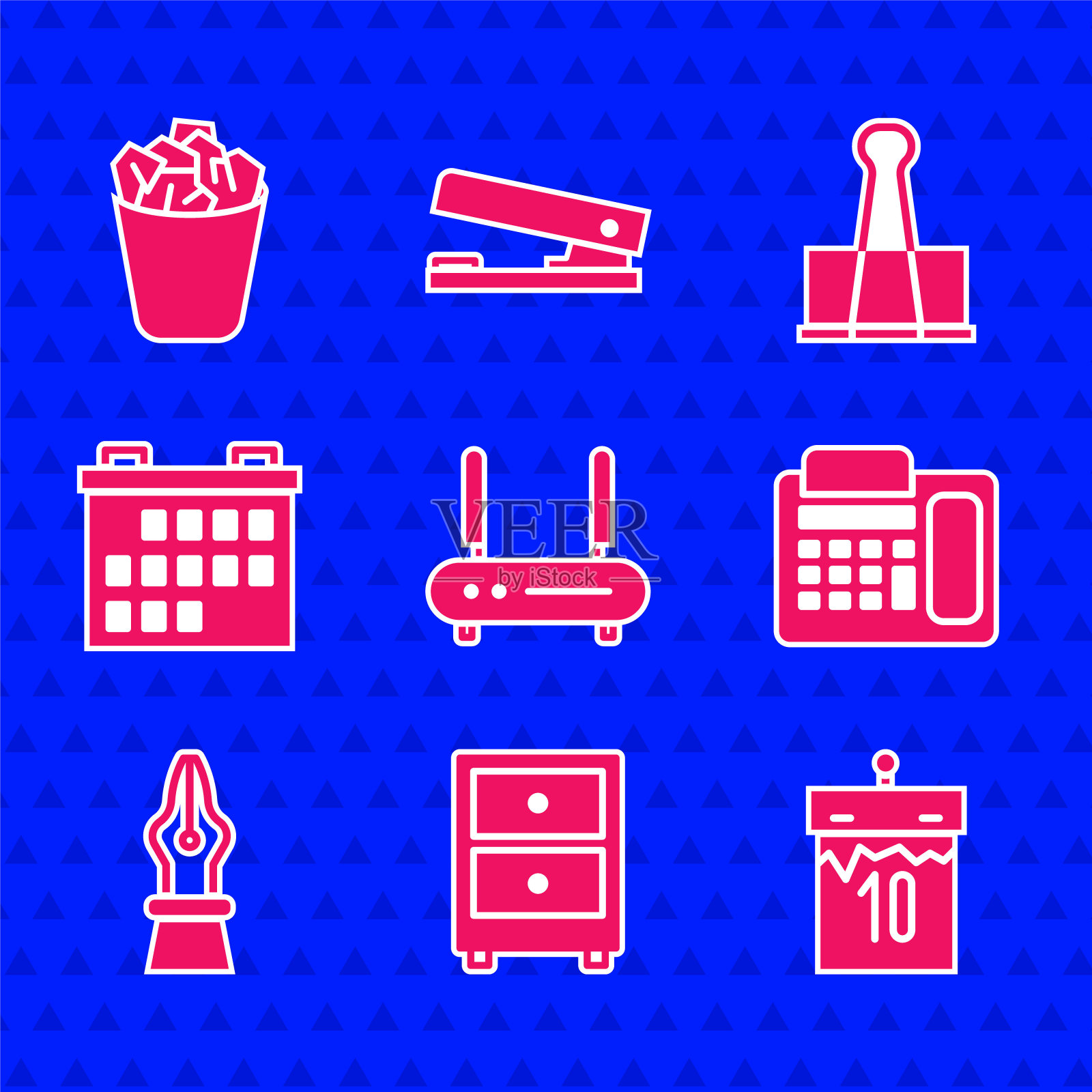 设置路由器和wi-fi信号，抽屉与文件，日历，电话，钢笔笔尖，文件夹夹和满垃圾桶图标。向量图标素材