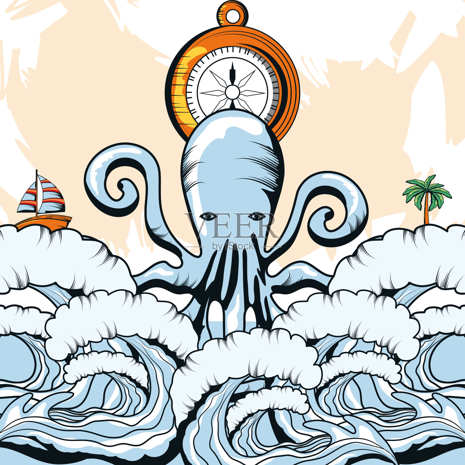 海章鱼与船插画图片素材