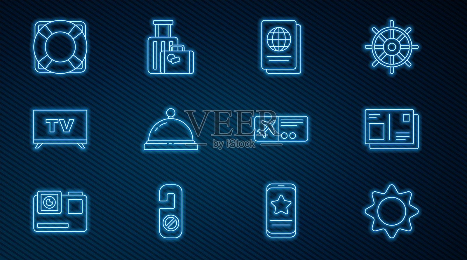 酒店服务铃，智能电视，救生圈，机票和行李箱图标。向量图标素材