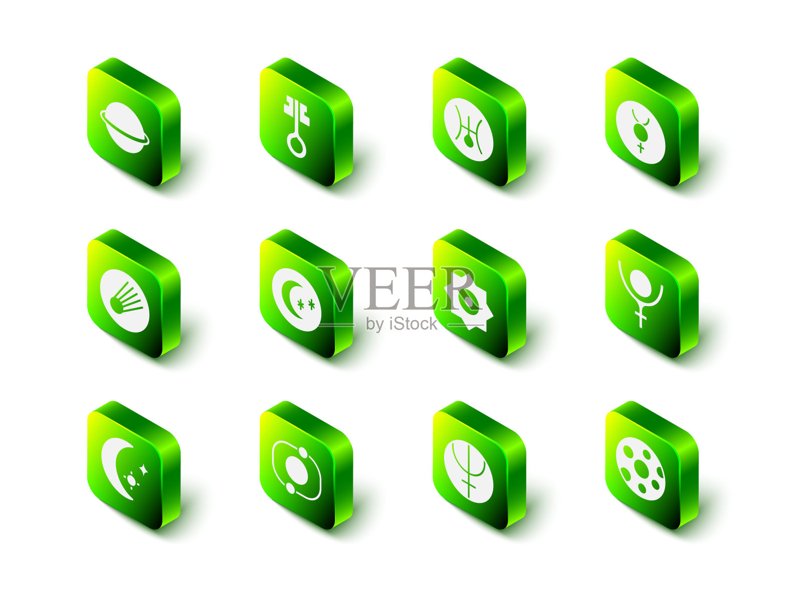 设置古老的魔法钥匙，象征天王星，水星，冥王星，满月，陨星，海王星和太阳系图标。向量图标素材