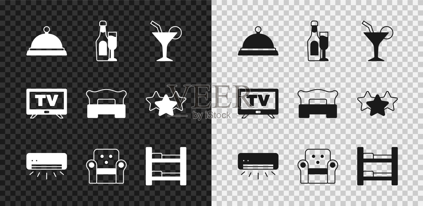 设置覆盖食物托盘，香槟酒瓶玻璃，鸡尾酒，空调，扶手椅，酒店房间床，智能电视和卧室图标。向量图标素材