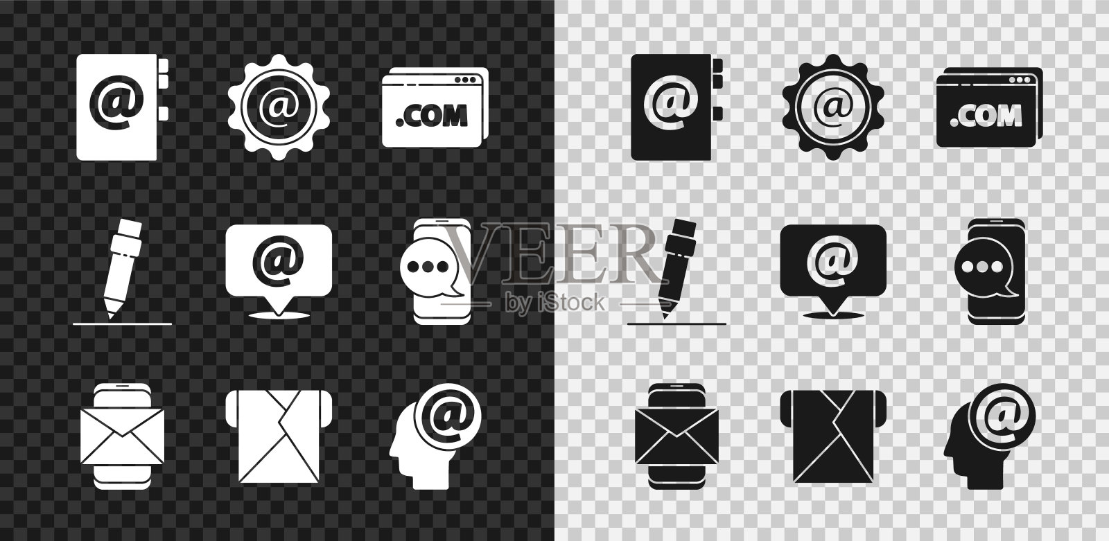 设置地址簿，邮件和电子邮件，网站模板，移动信封，信封，铅笔与橡皮擦和图标。向量图标素材