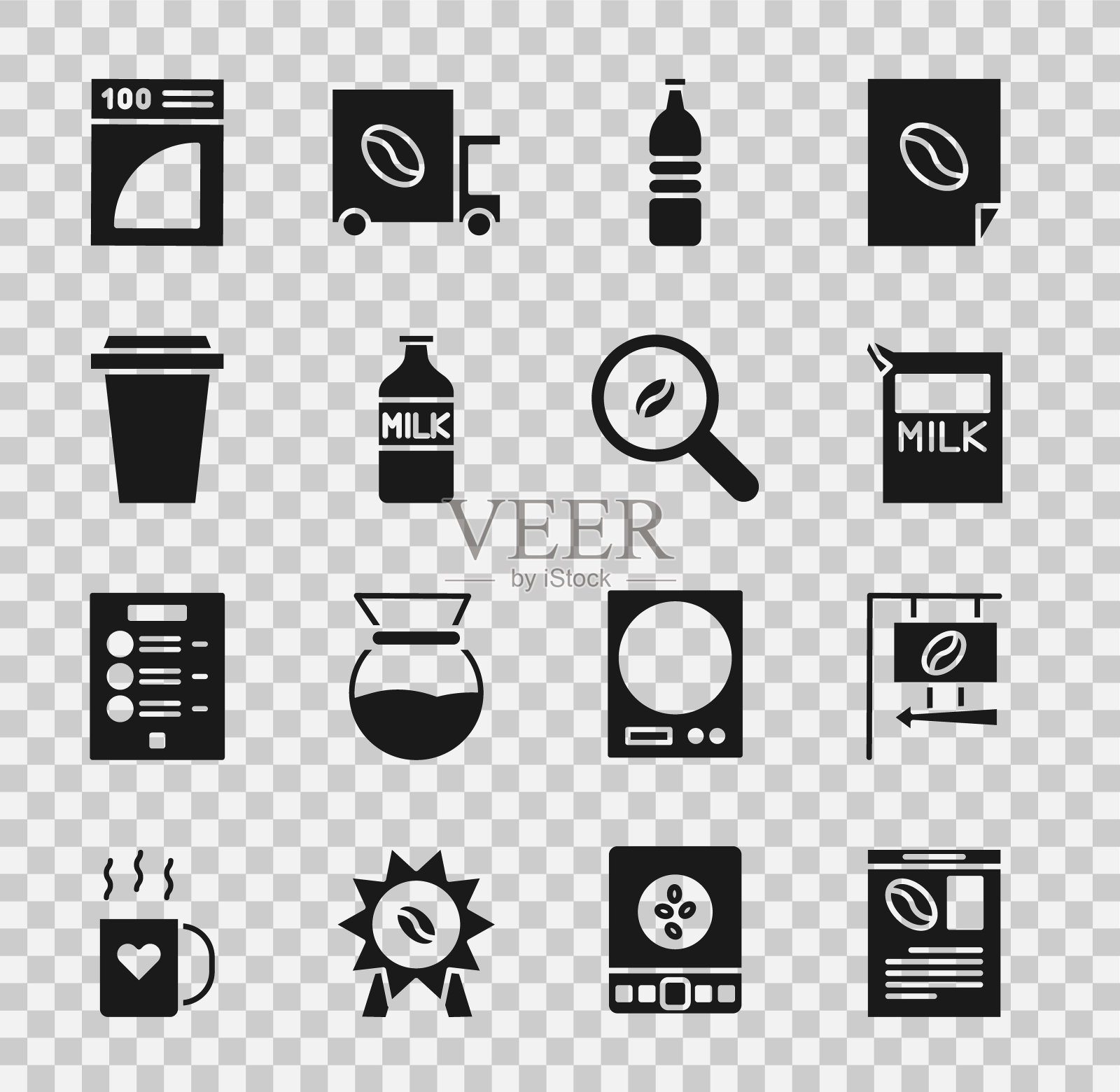 设置报纸和咖啡，街道招牌，纸包装牛奶，瓶装水，带，咖啡杯走，过滤器和选择豆图标。向量图标素材