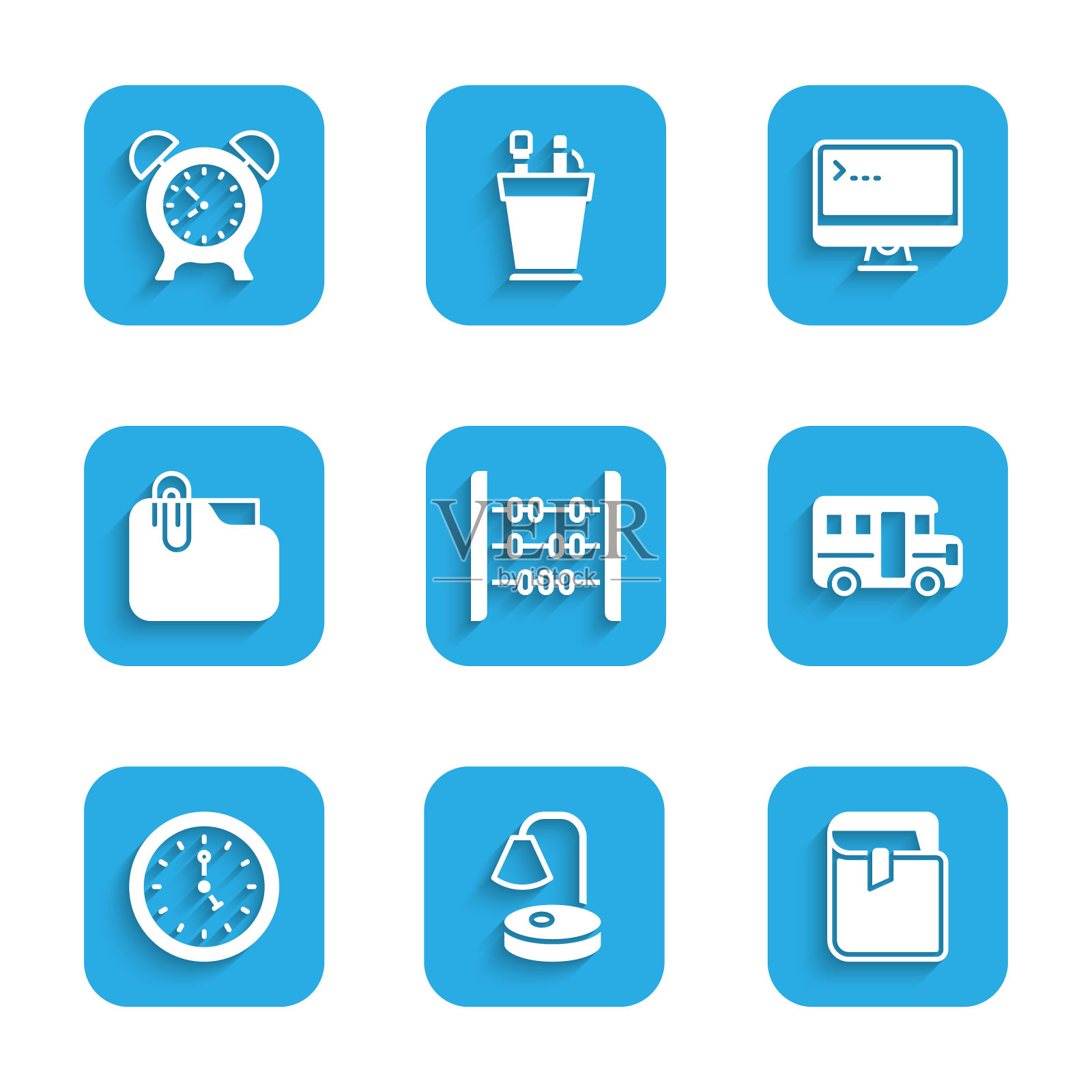 设置算盘，台灯，书，校车，时钟，文件夹夹，电脑显示器和闹钟图标。向量图标素材