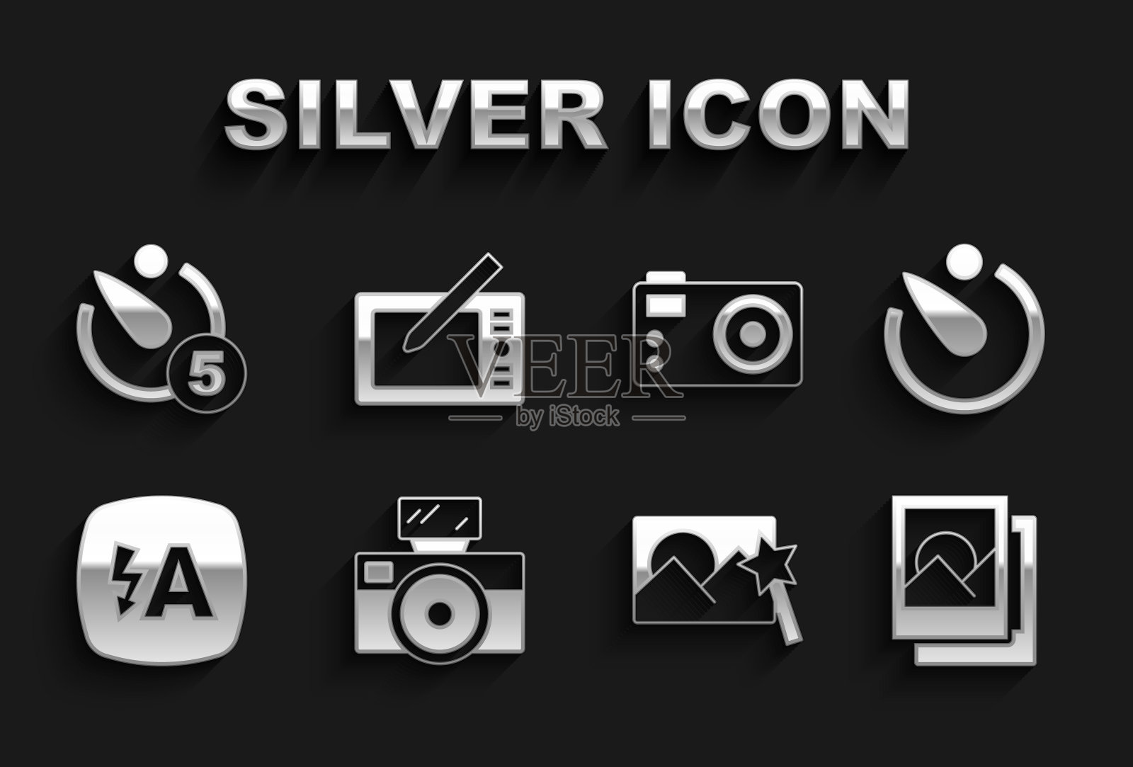 设置照片相机与闪光灯，相机定时器，框架，修饰，自动，图形平板图标。向量图标素材