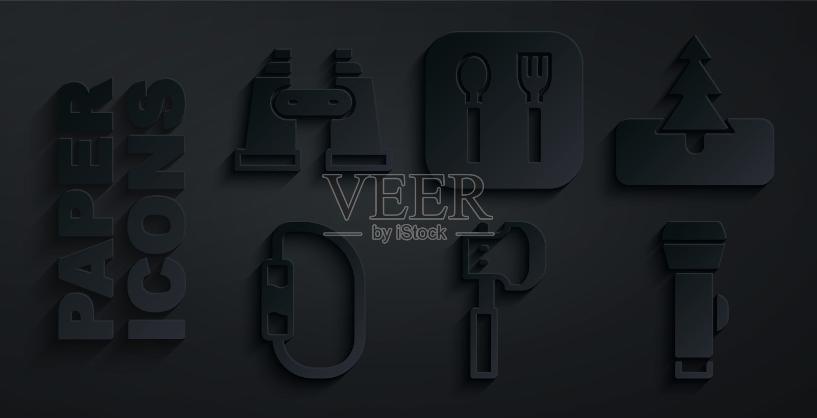 设置木斧头，树，钩环，手电筒，叉子和勺子和望远镜图标。向量图标素材