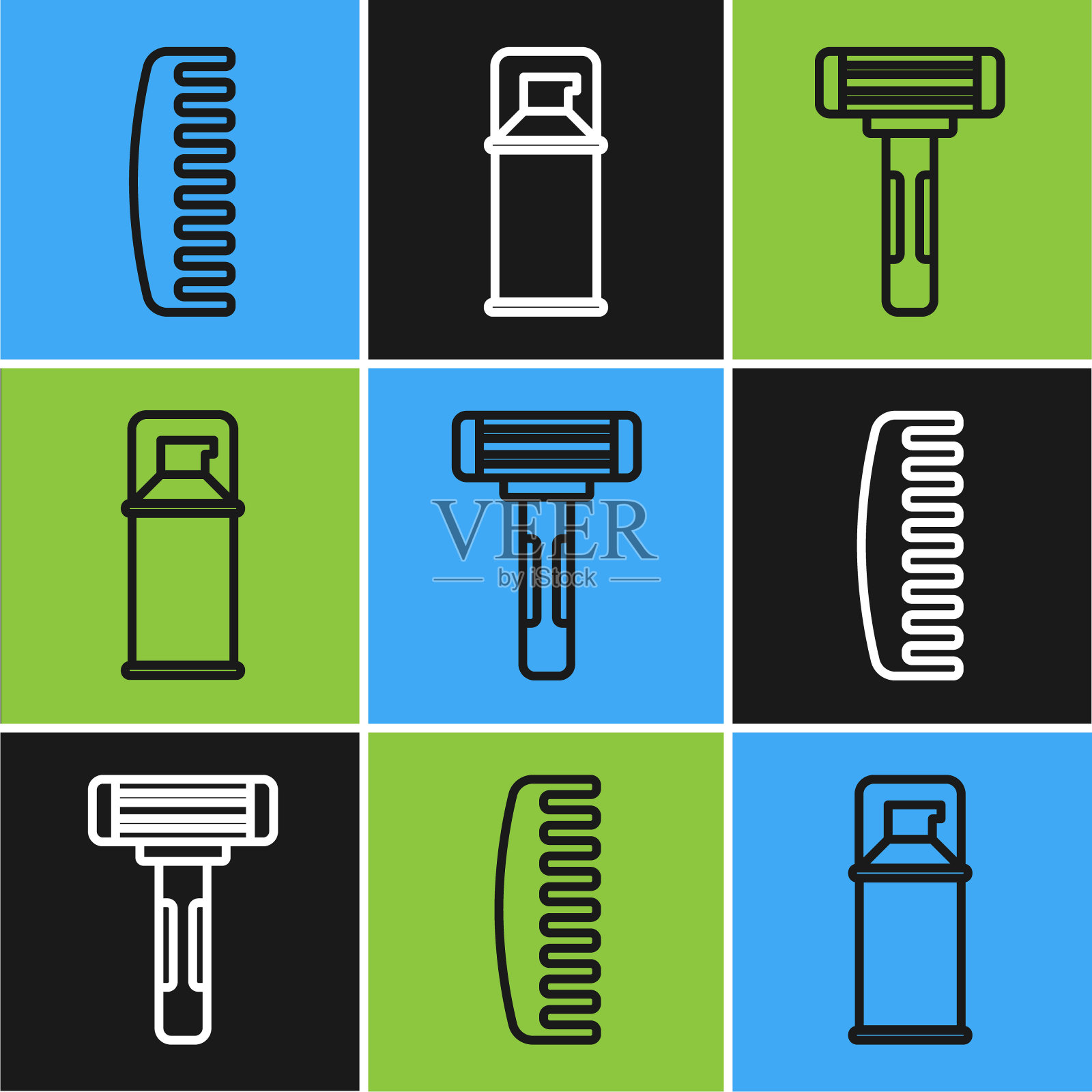 设置线毛刷，剃须刀和剃须凝胶泡沫图标。向量插画图片素材