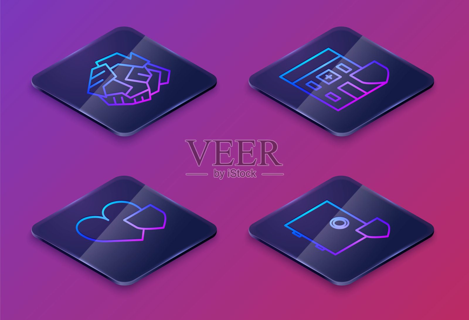 设置等距线折纸球，心脏带盾，医院建筑带盾，安全带盾。蓝色方块按钮。向量图标素材