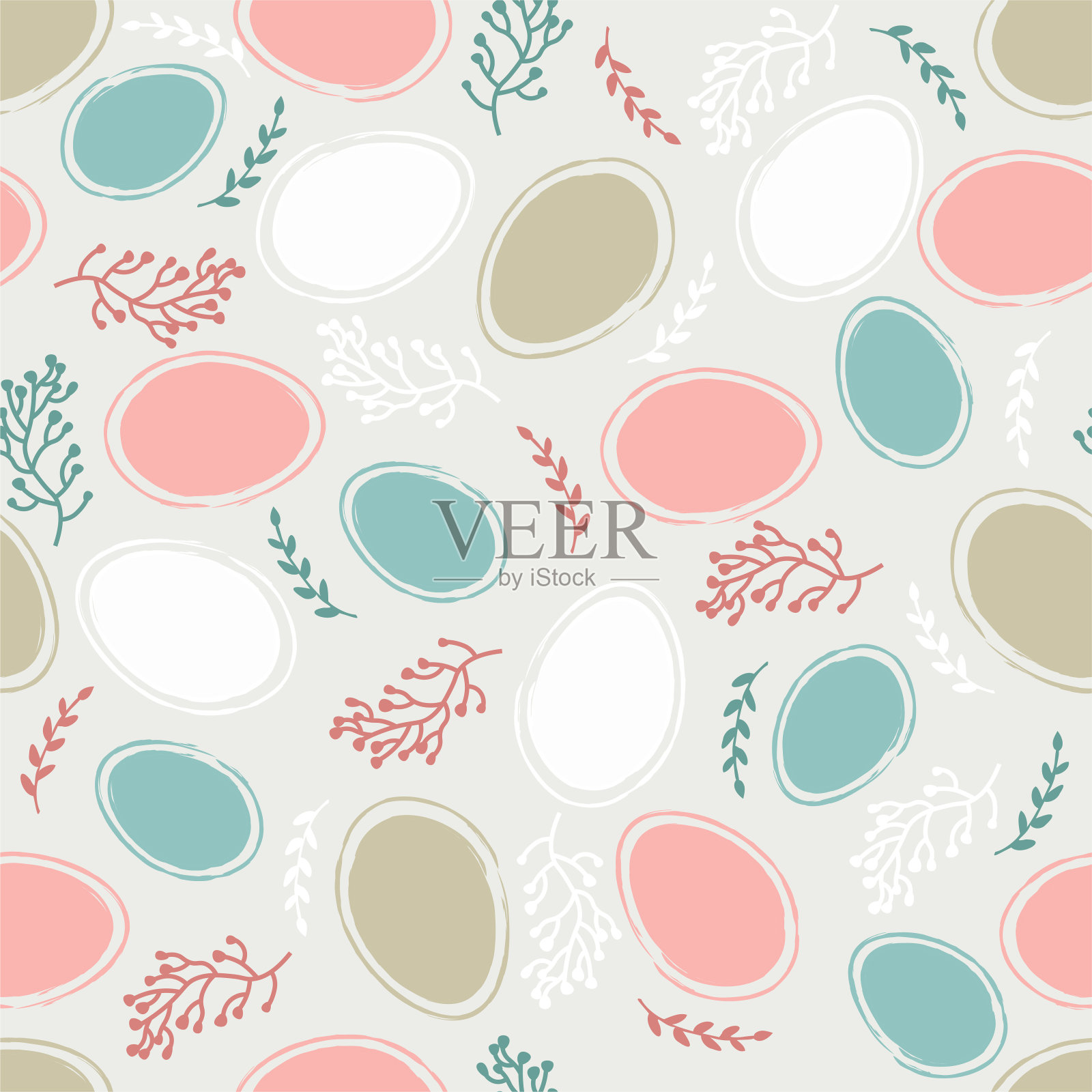 复活节图案与蛋和花在柔和的颜色。无缝关系为您的设计。为网站标题设计，横幅，海报，卡片，纸打印，明信片，背景插画图片素材