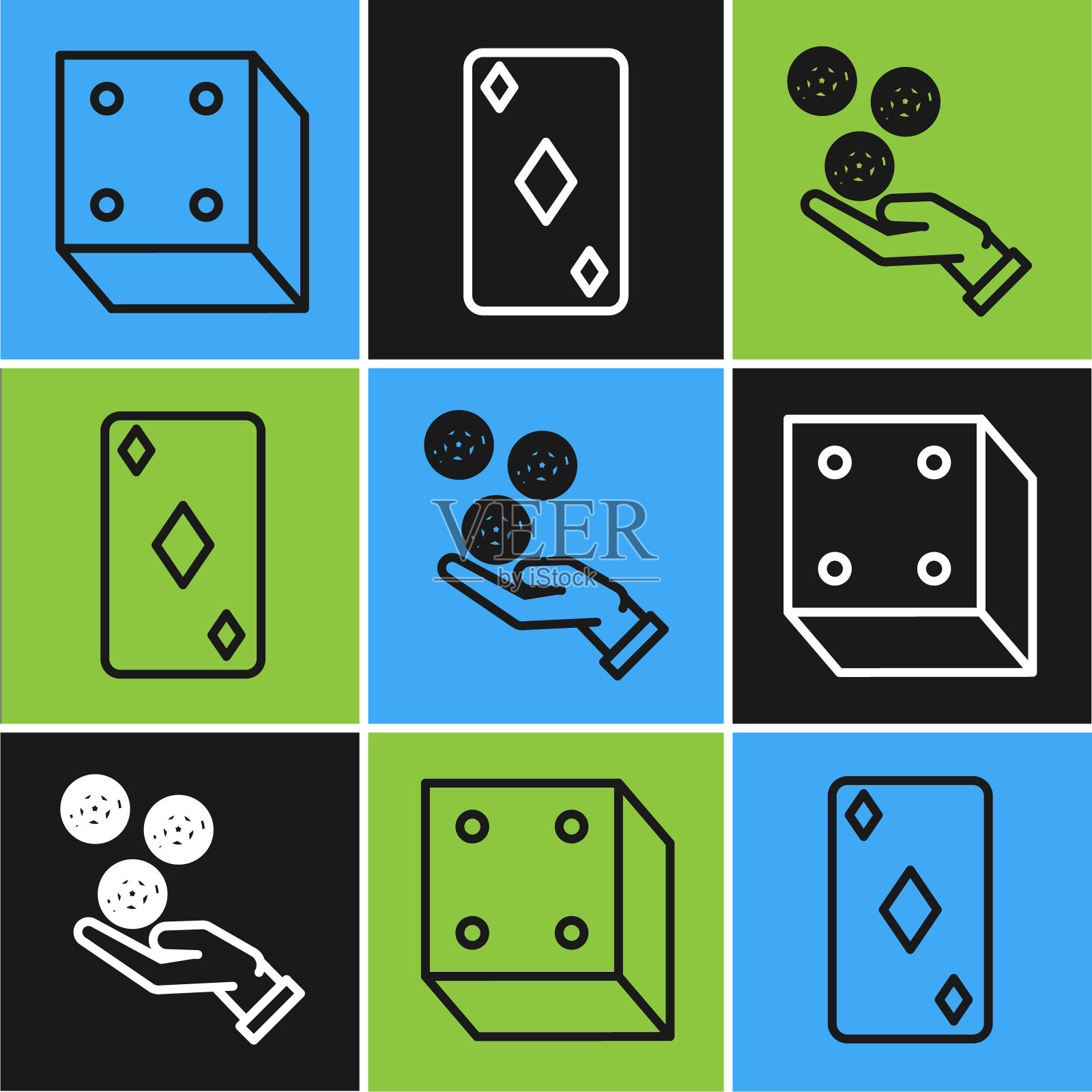 设定行游戏骰子，手握赌场筹码和打牌钻石符号图标。向量插画图片素材