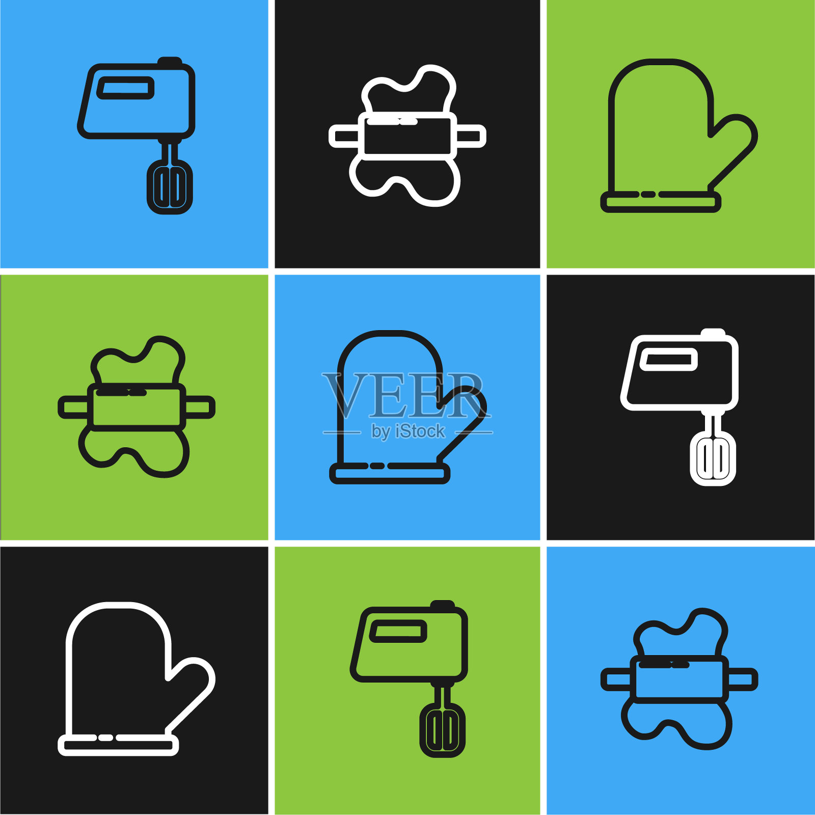 在面团图标上设置线电动搅拌机，烤箱手套和擀面杖。向量插画图片素材