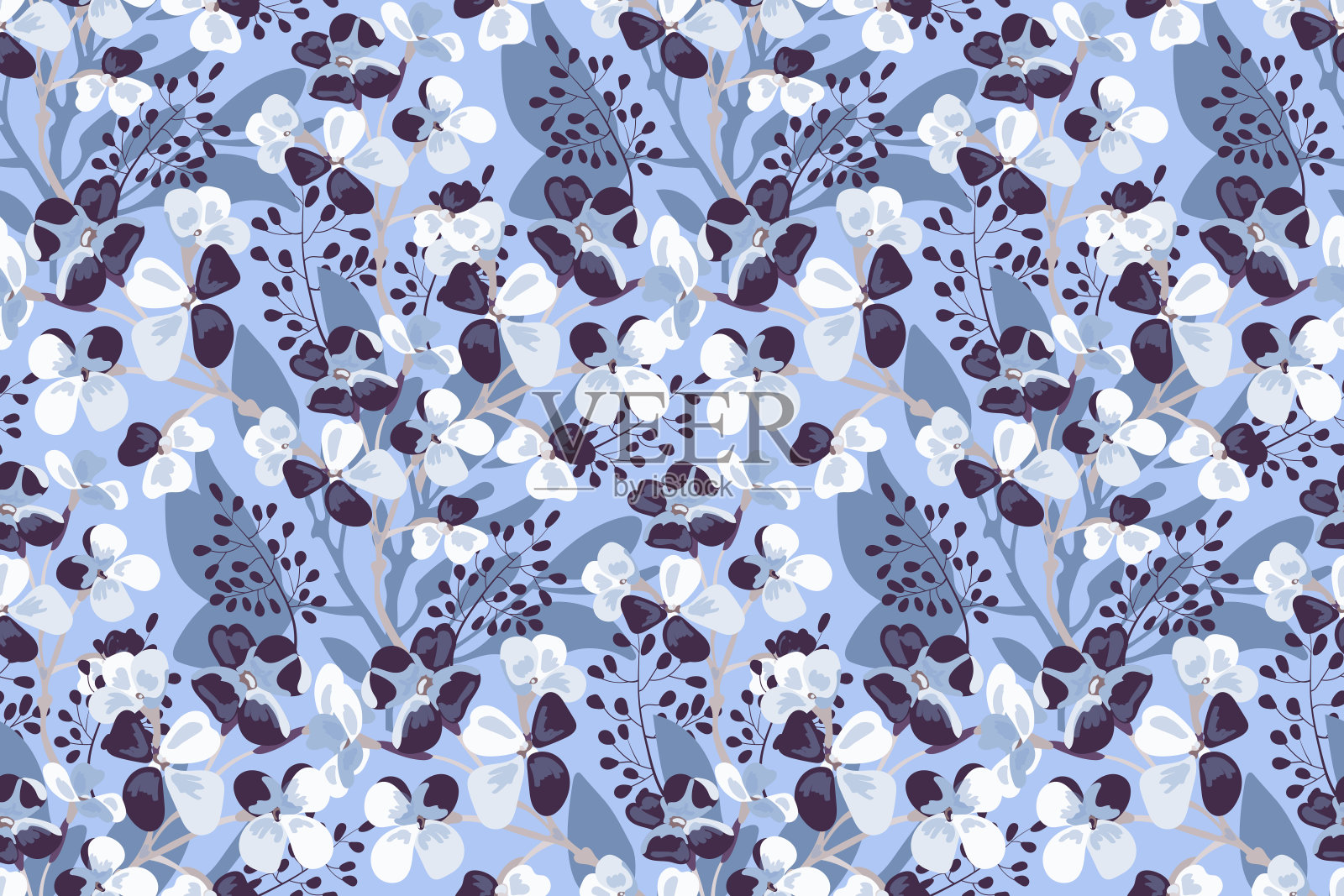 向量花无缝模式。淡紫色的花，浅棕色的小枝，蓝色的叶子。插画图片素材