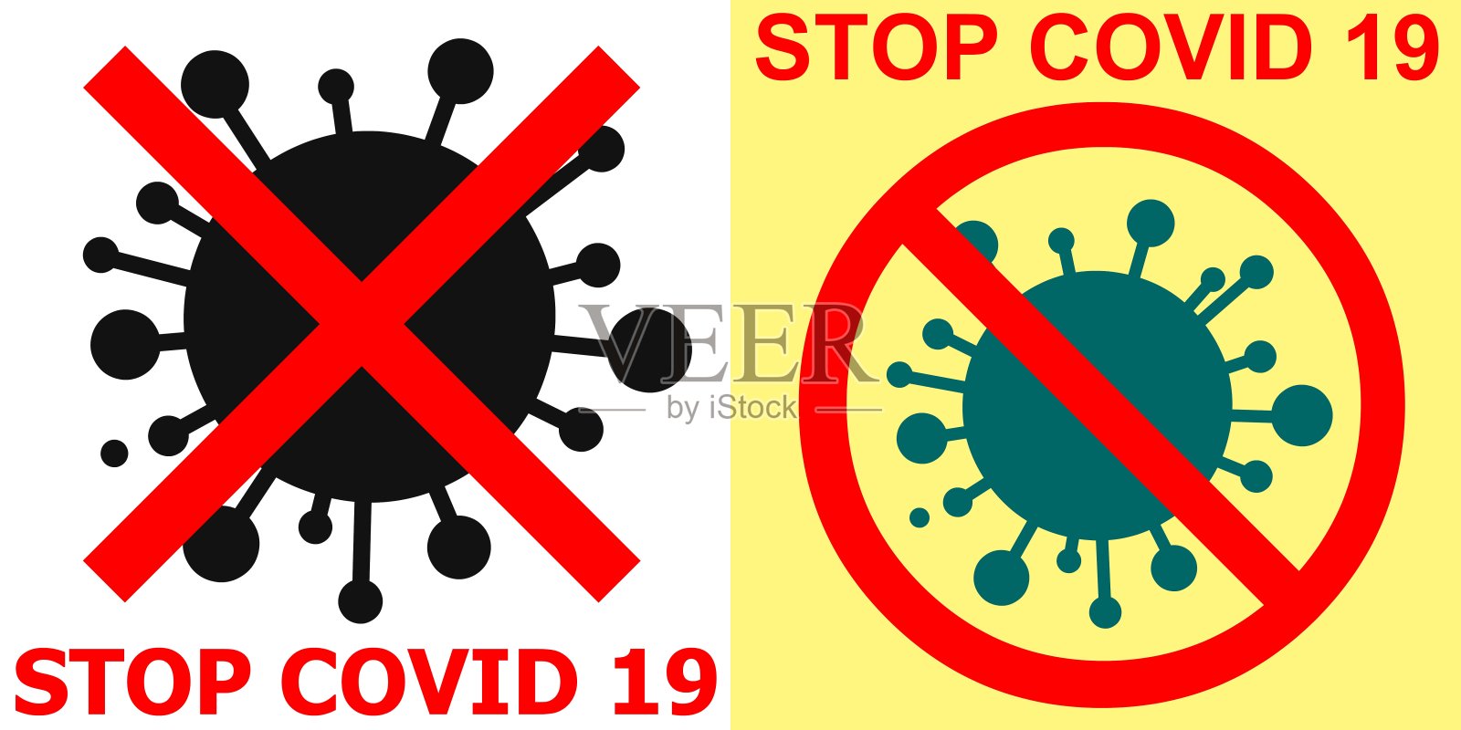 冠状病毒图标-阻止Covid 19。红色禁止标志，平面图像在白色和黄色背景。图标素材