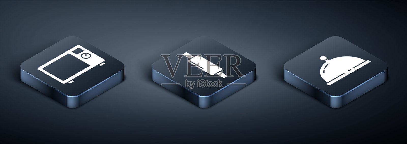 设置等距微波炉，覆盖托盘的食物和滚动销图标。向量插画图片素材