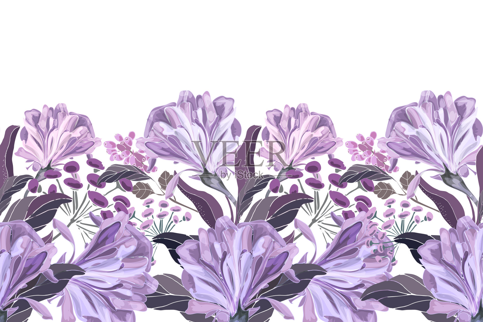 向量花无缝模式，边界。水平全景设计与紫色和丁香花。插画图片素材