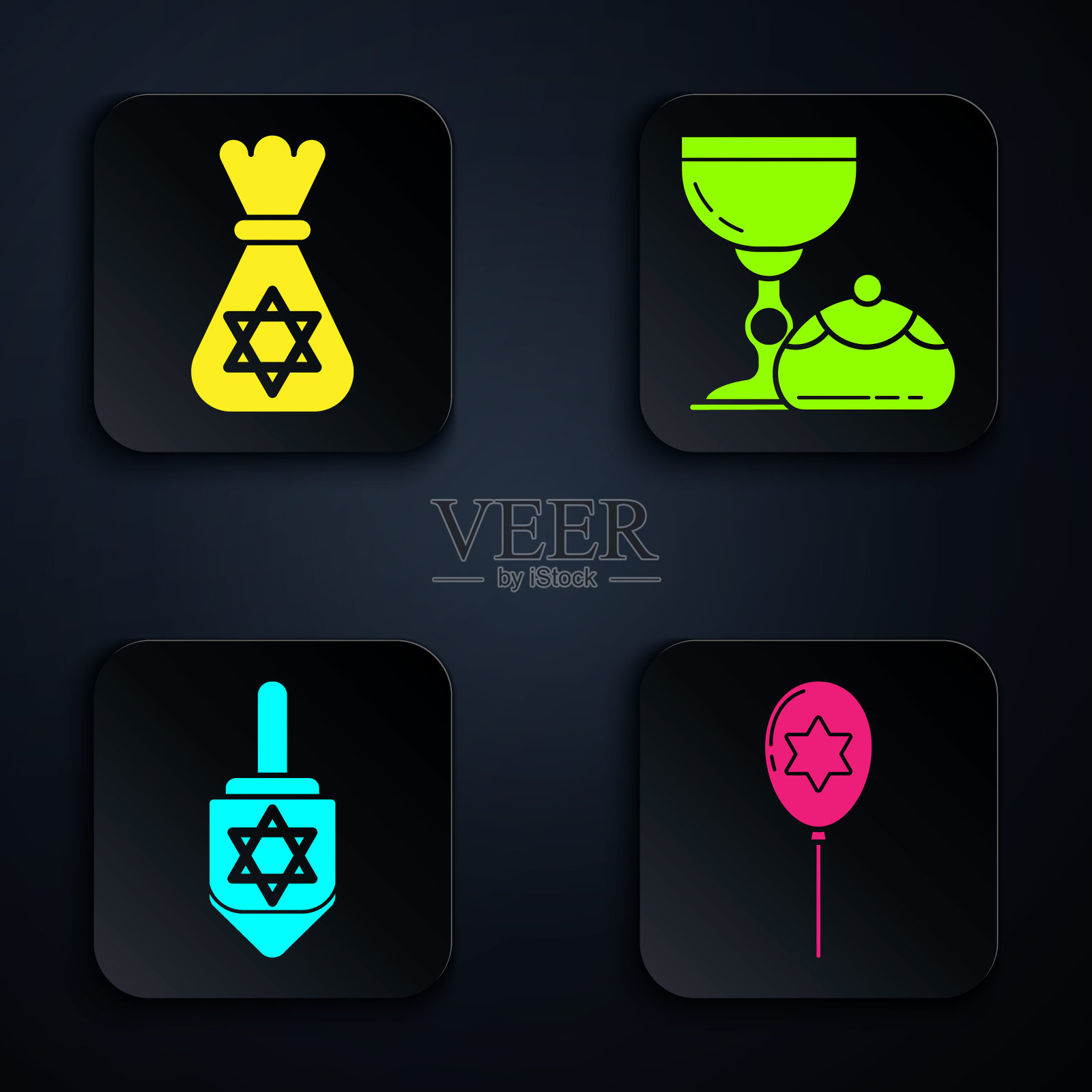 气球与丝带与大卫星，犹太钱袋与大卫星，光明节诵经和犹太高脚杯和光明节sufganiyot。黑色方形按钮。向量图标素材