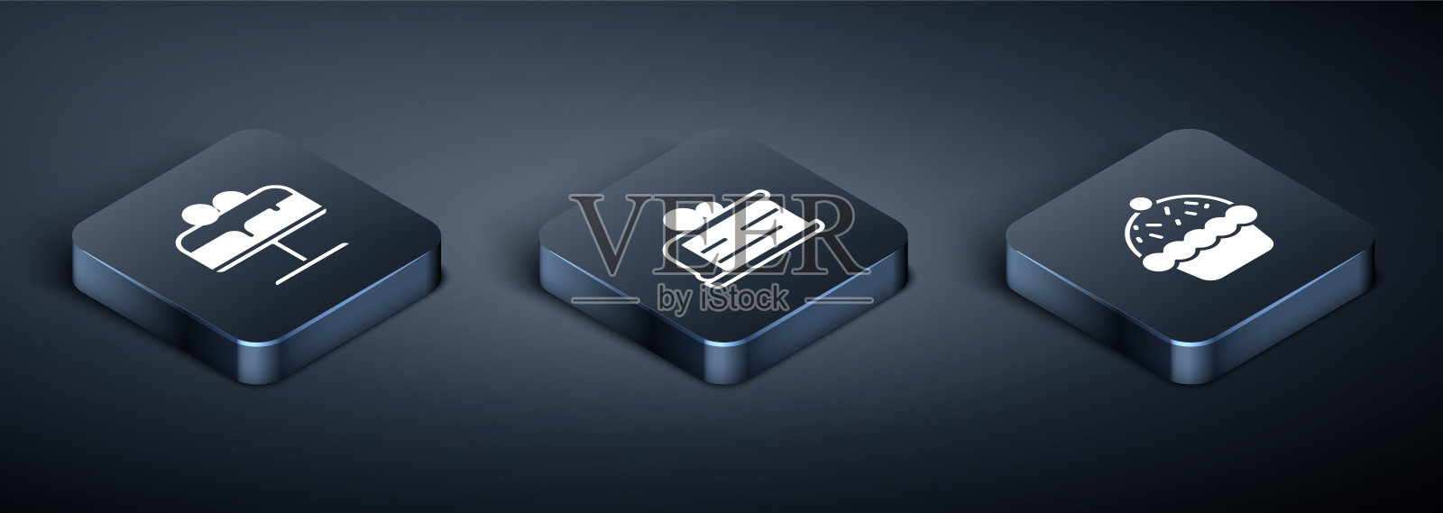 设置盘子上的等距蛋糕，纸杯蛋糕和一块图标。向量图标素材