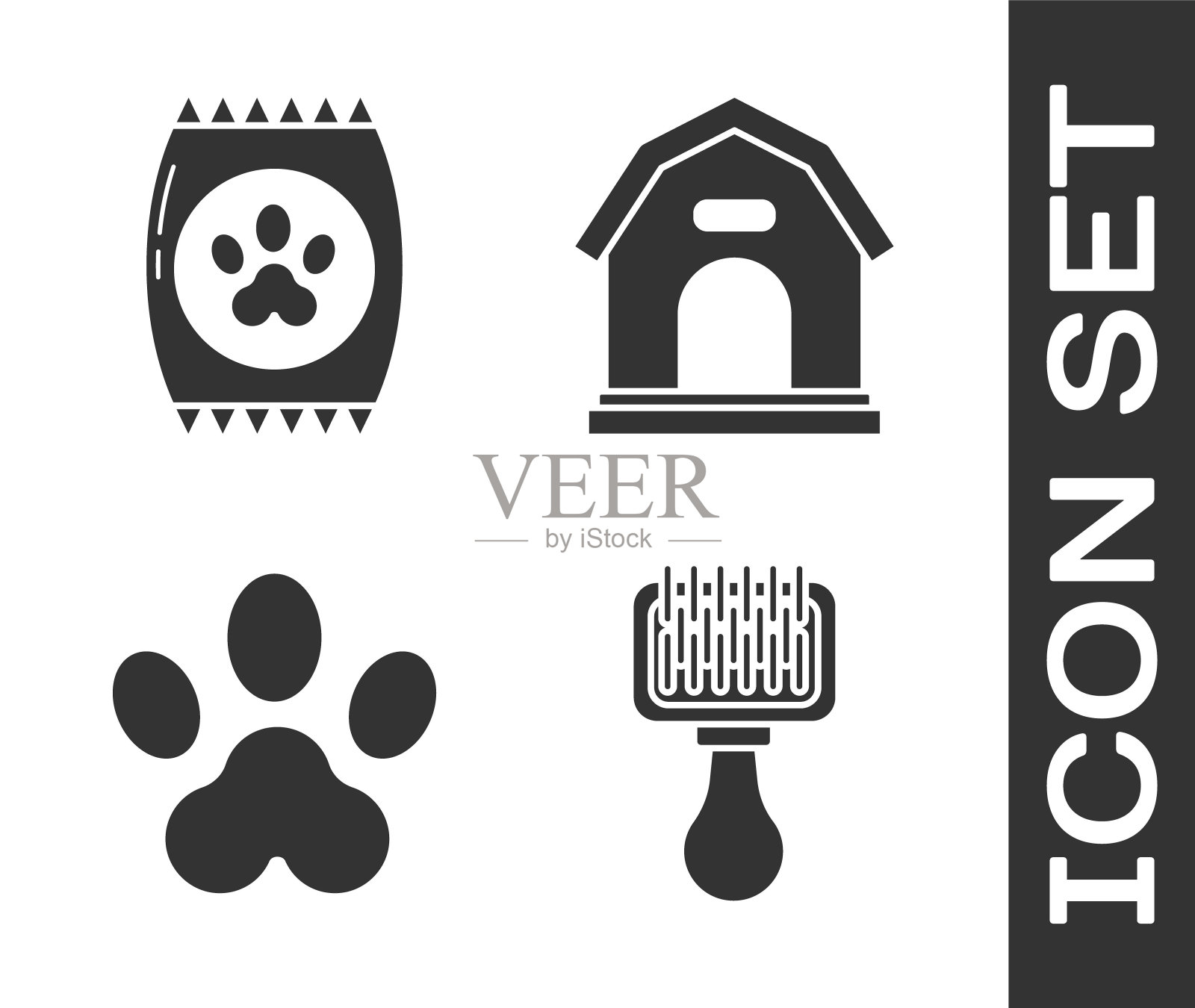 设置狗和猫的毛刷，宠物的食物袋，爪印和狗屋图标。向量图标素材