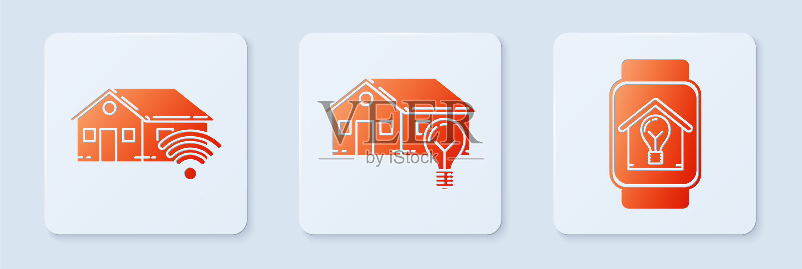 设置智能房子和灯泡，智能家庭与wi-fi和智能手表与智能房子和灯泡。白色正方形按钮。向量插画图片素材