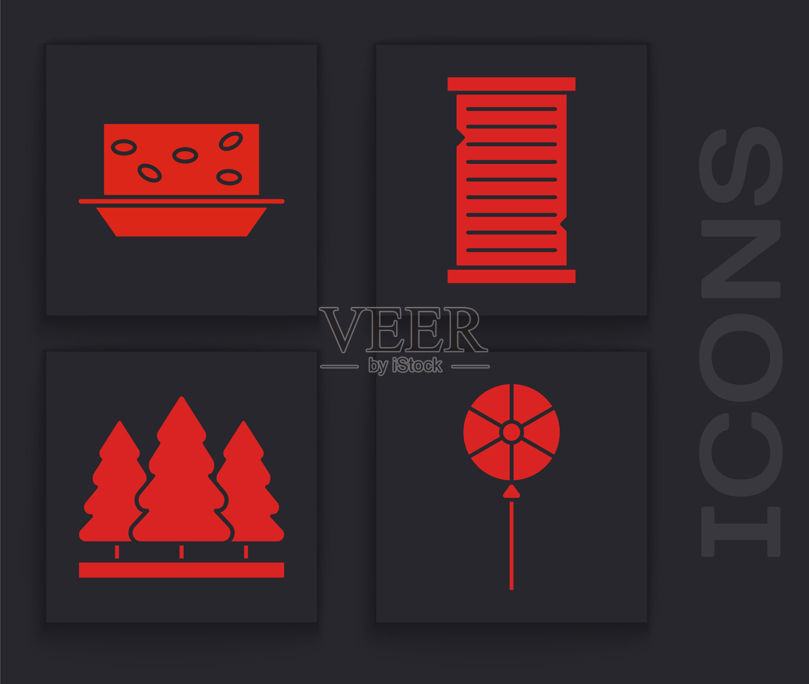 设置棒棒糖，牛轧糖与坚果，圣诞愿望清单模板和圣诞树图标。向量图标素材