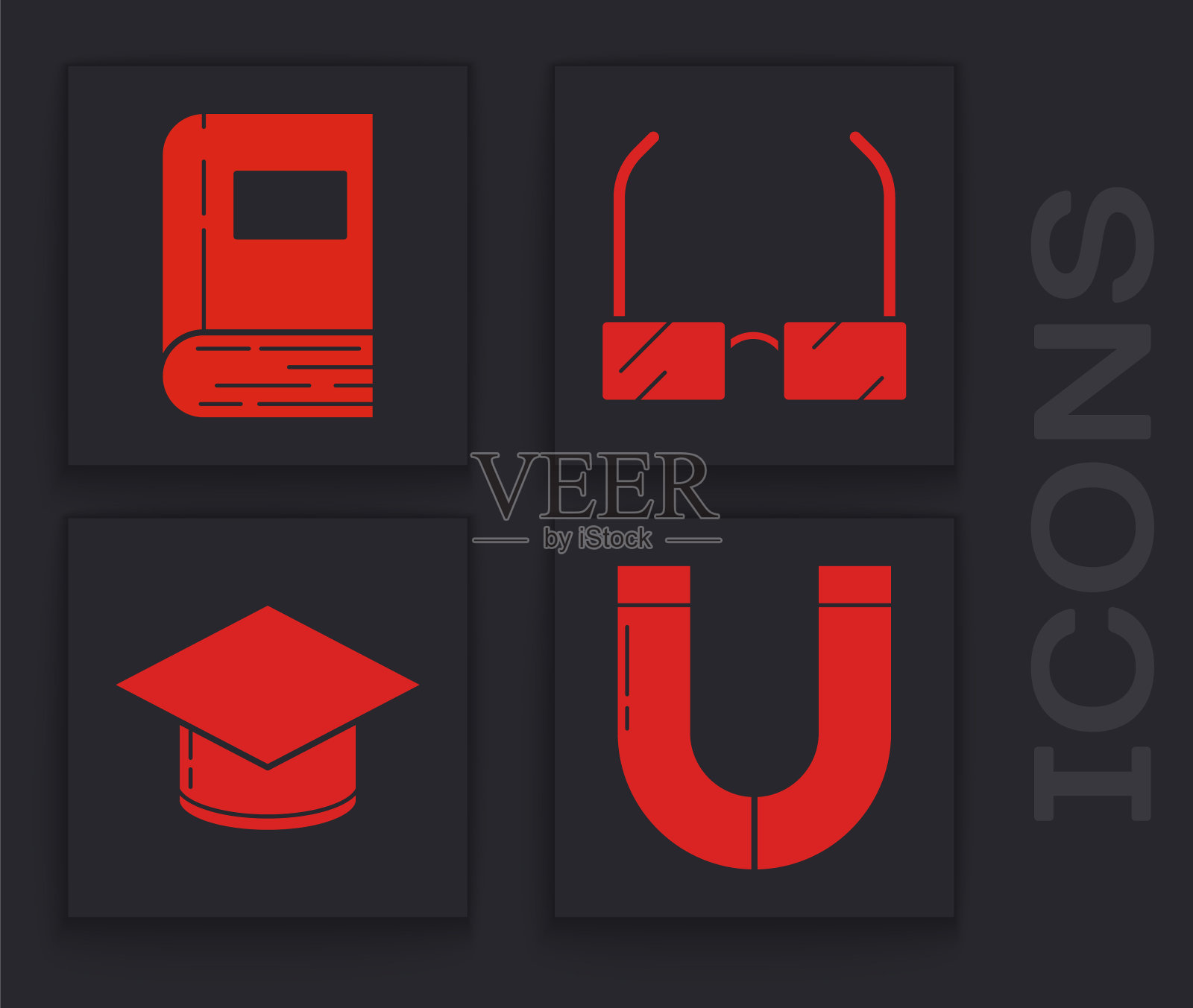 设置磁铁，书，眼镜和毕业帽图标。向量图标素材