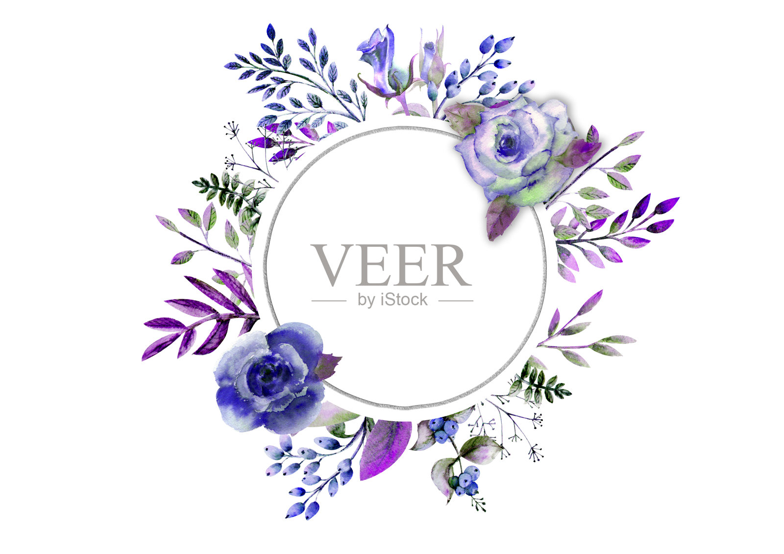 用玫瑰，树叶，浆果，装饰的小树枝做框架。婚礼概念与鲜花。为贺卡或请柬用蓝色调的水彩构图插画图片素材