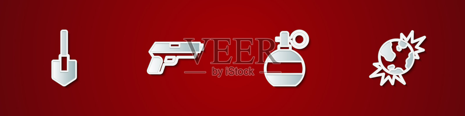 设置铲子手枪或枪、手榴弹和炸弹插画图片素材