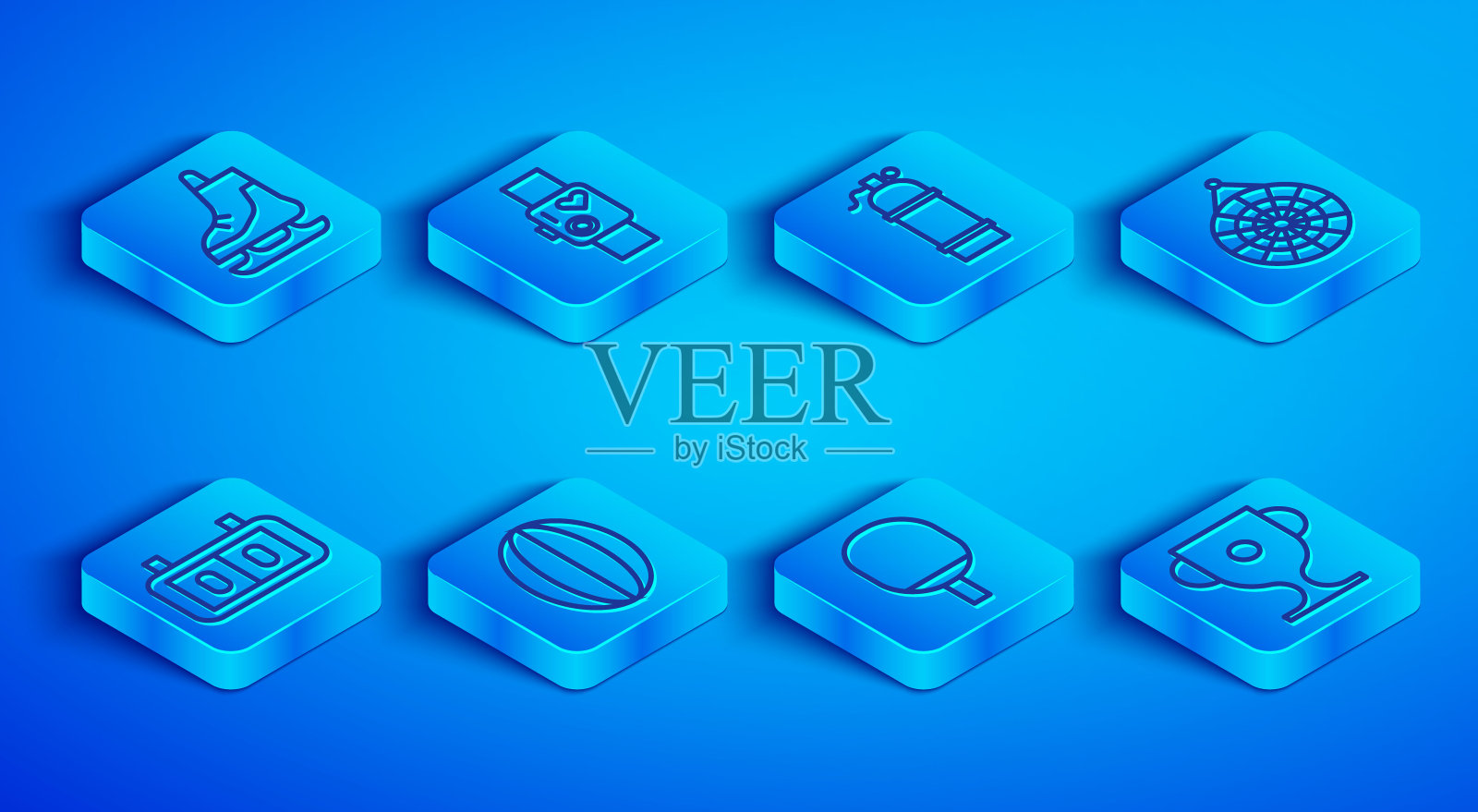 设置线溜冰鞋，智能手表显示心率，水龙，橄榄球，球拍打乒乓球，经典飞镖板，运动机械记分牌和奖励杯图标。向量图标素材