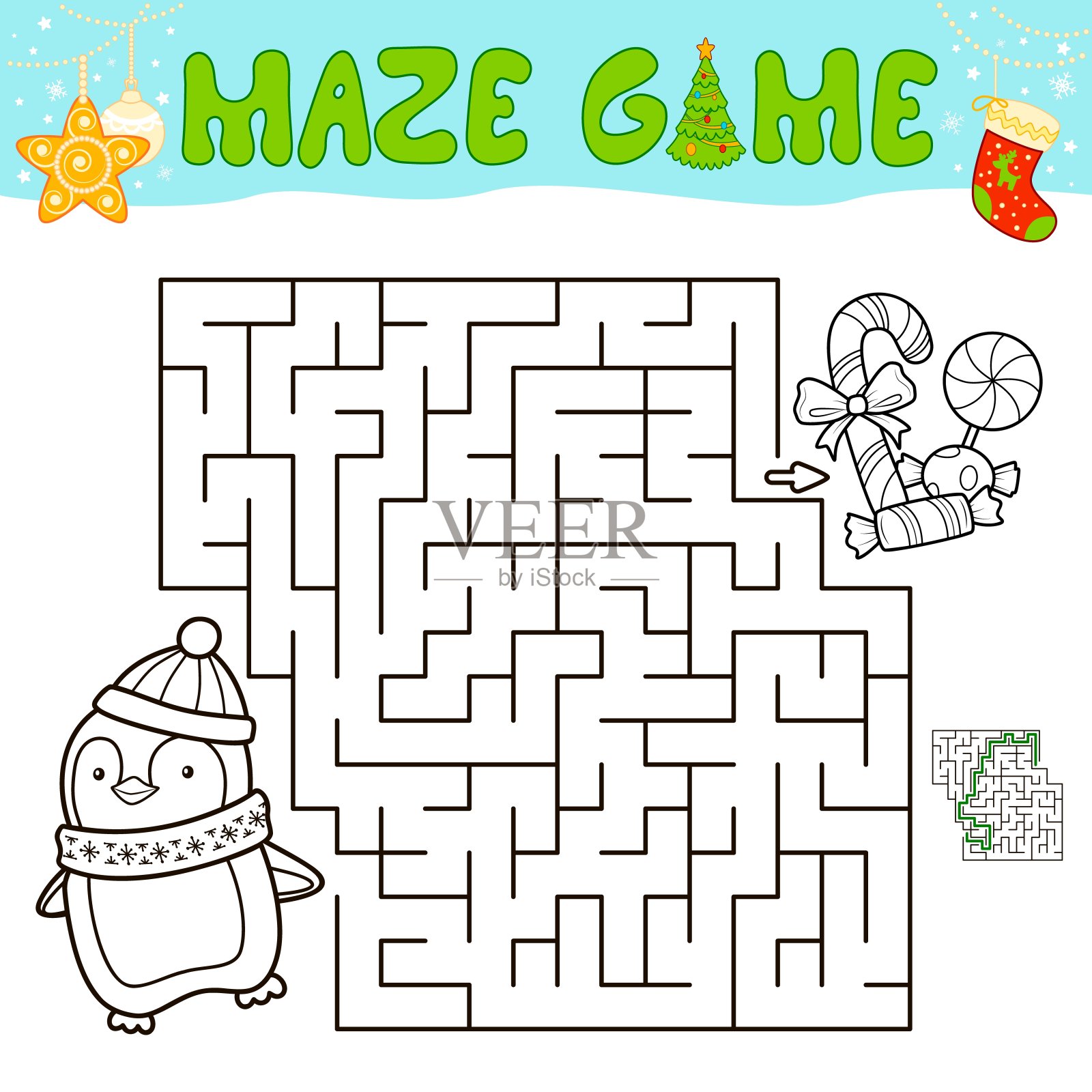 圣诞迷宫益智游戏。与圣诞企鹅一起玩迷宫游戏。插画图片素材