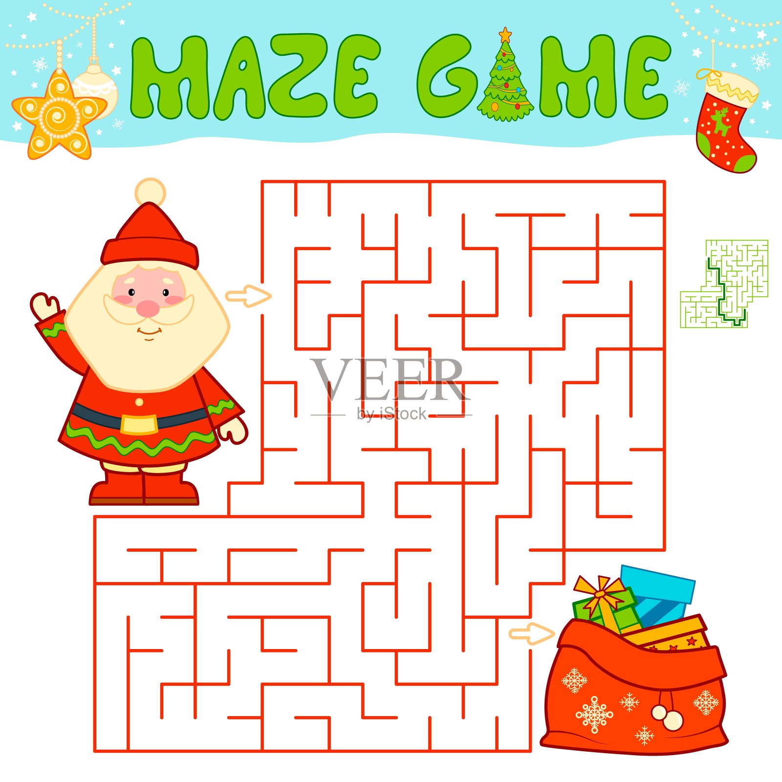圣诞迷宫益智游戏。与圣诞老人玩迷宫或迷宫游戏。插画图片素材