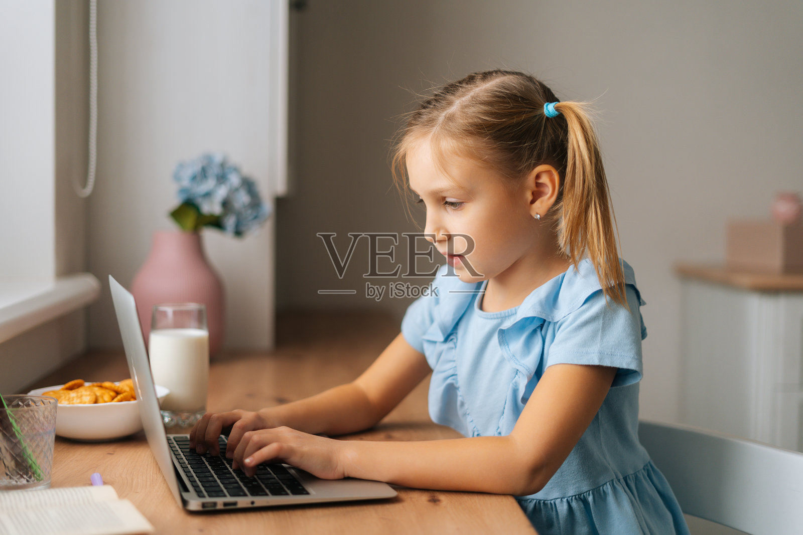 侧视图专注的小学生女孩用笔记本电脑键盘坐在家里的桌子边吃零食。照片摄影图片