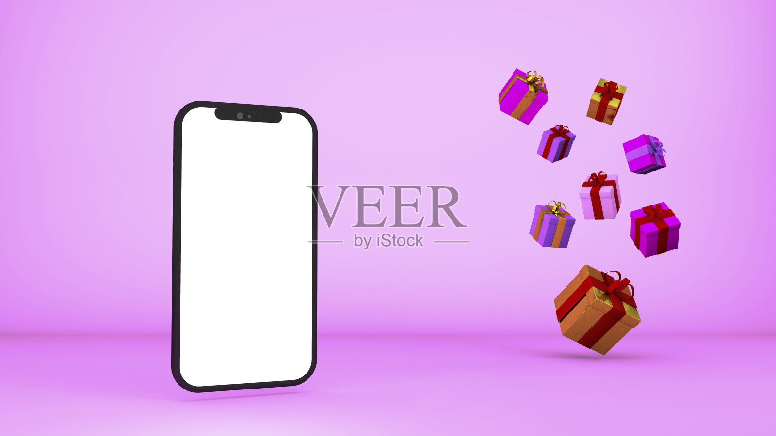 3d礼物和智能手机背景。节日粉红色明亮的背景与空屏幕电话和盒子的礼物为情人节或其他节日。照片摄影图片