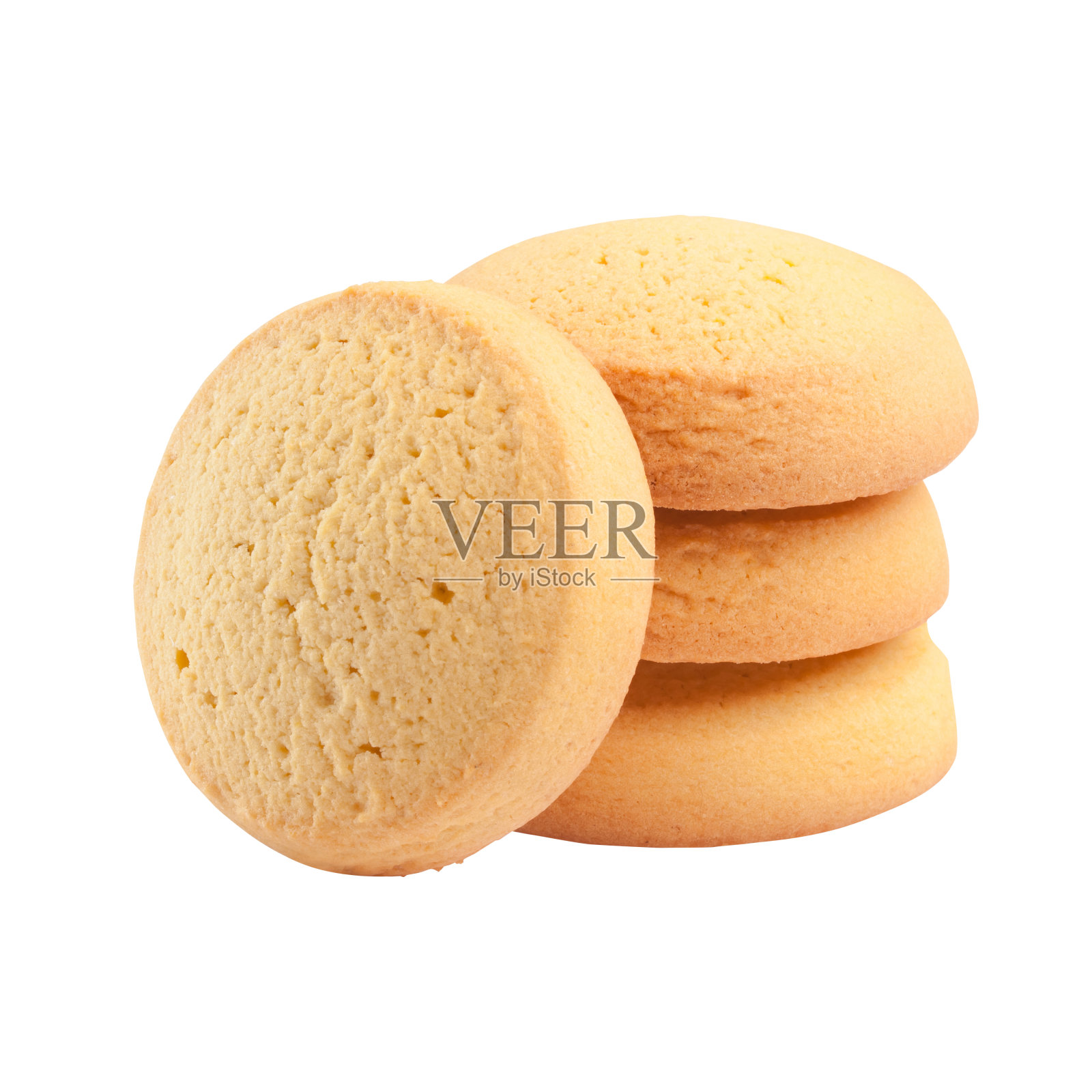 白色背景上孤立的一堆圆形黄油饼干照片摄影图片