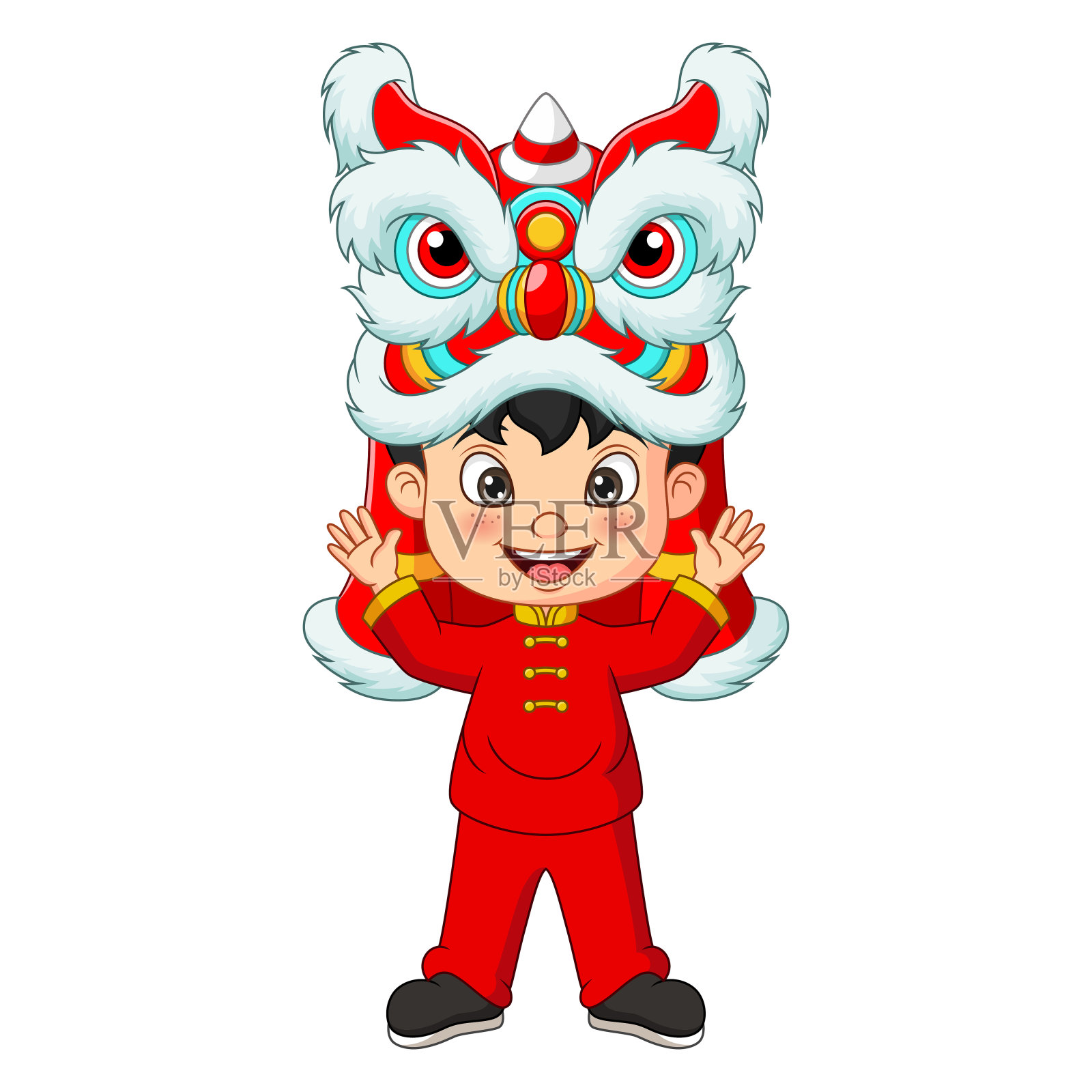 舞狮的卡通中国男孩插画图片素材