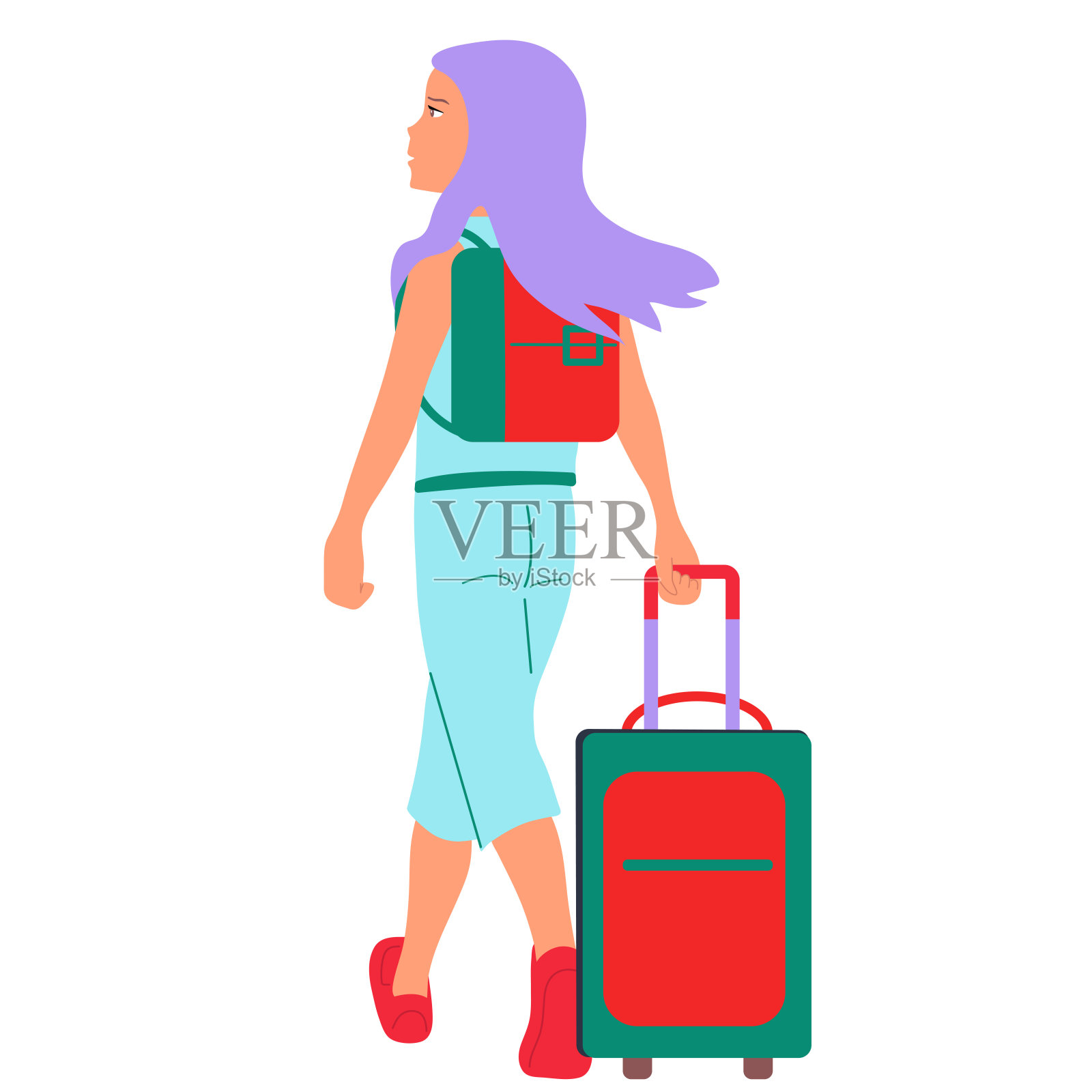 在机场带着背包和手提箱的女孩。她来到了一个陌生的城市。惊讶,严肃的脸。的旅程。插画图片素材