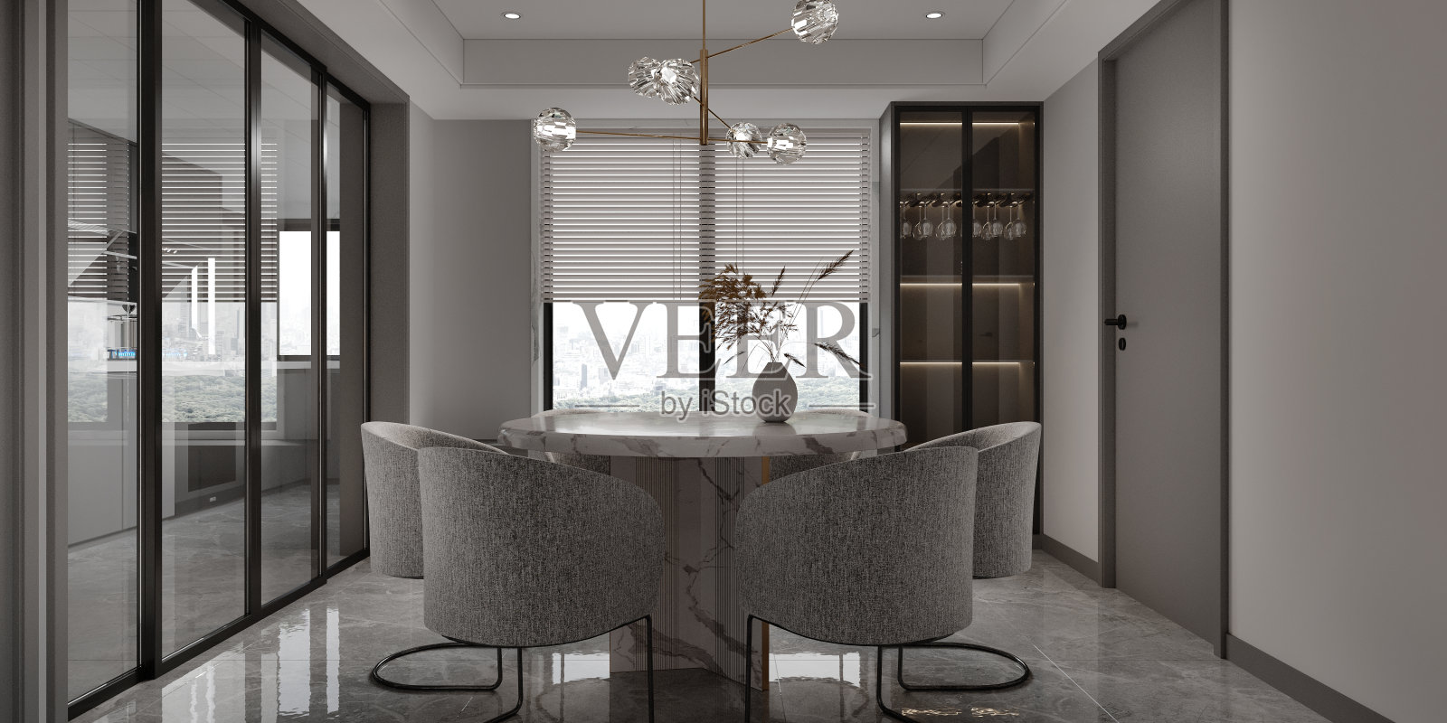 室内餐厅现代风格的吊灯。三维演示照片摄影图片