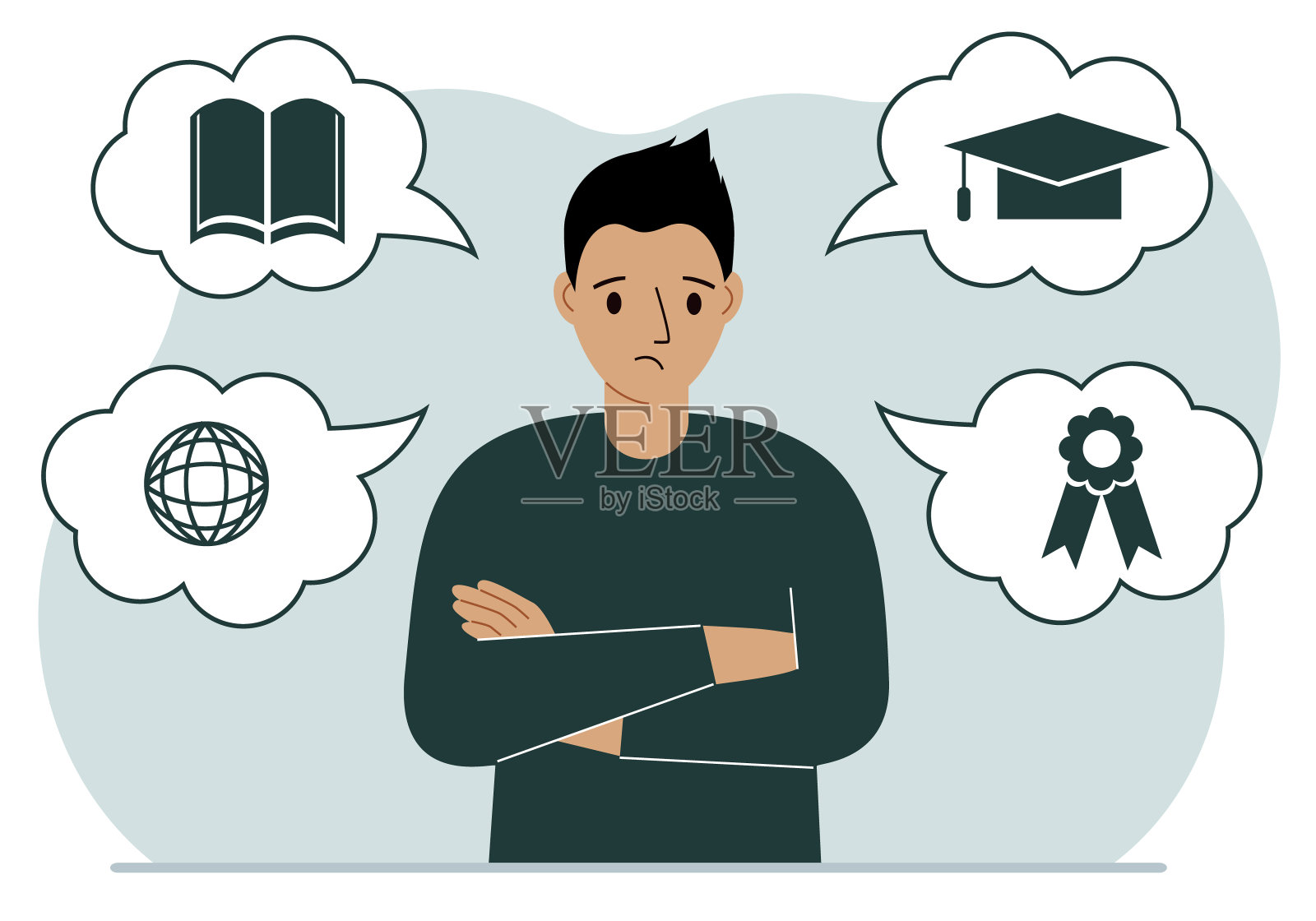 悲伤的人有学习的想法。互联网专业，高等教育，股票交易，金融知识。关于教育的各种图标。插画图片素材