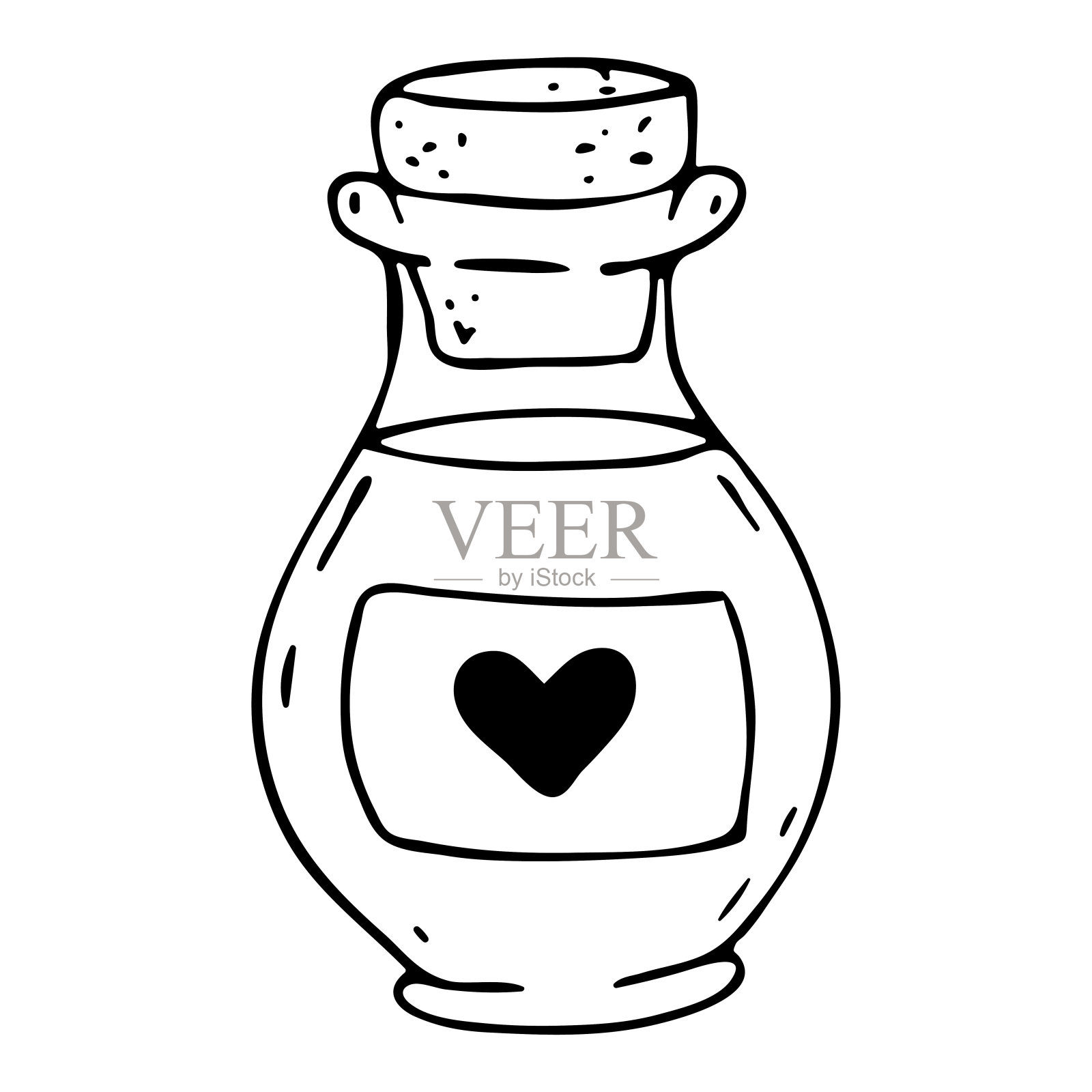 爱情魔药。矢量涂鸦插图的一个瓶子与爱的饮料。情人节的标志。插画图片素材