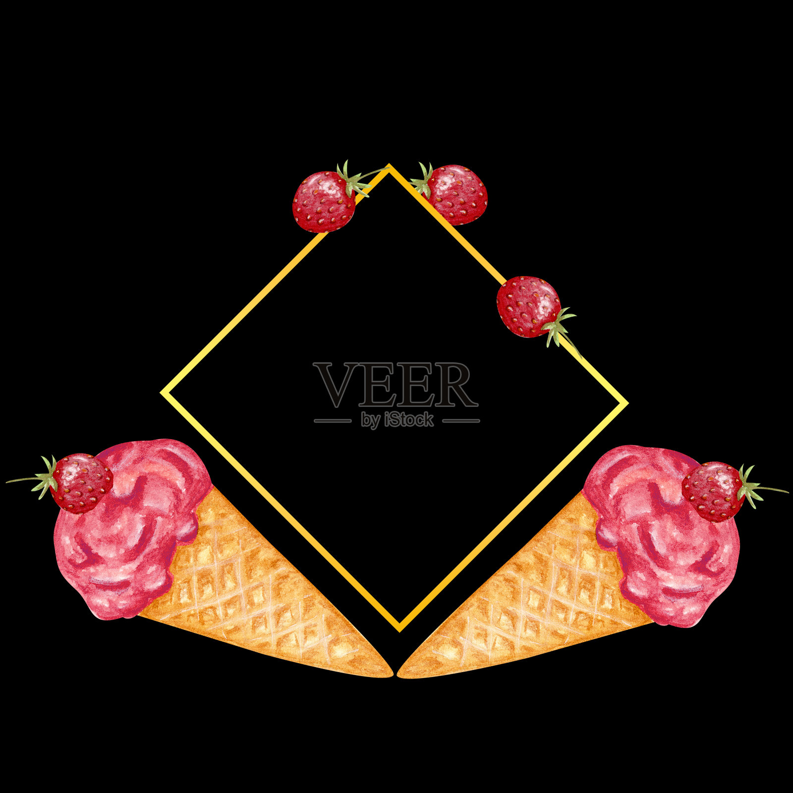 黑色背景上的水彩冰淇淋。华夫饼冰淇淋蛋筒组合。草莓冰淇淋。夏天的甜点。设计横幅，传单，明信片。插画图片素材